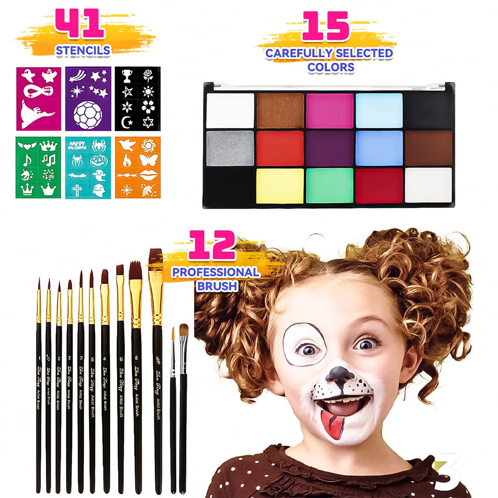 Face Painting Kit for Adults, Water Activated Body Face Paint, 15 Colors Water Based Facepaints Makeup Palette 12 Pcs Brushes, Stencils, Non Toxic Beauty & Personal Care ZENTANMEI