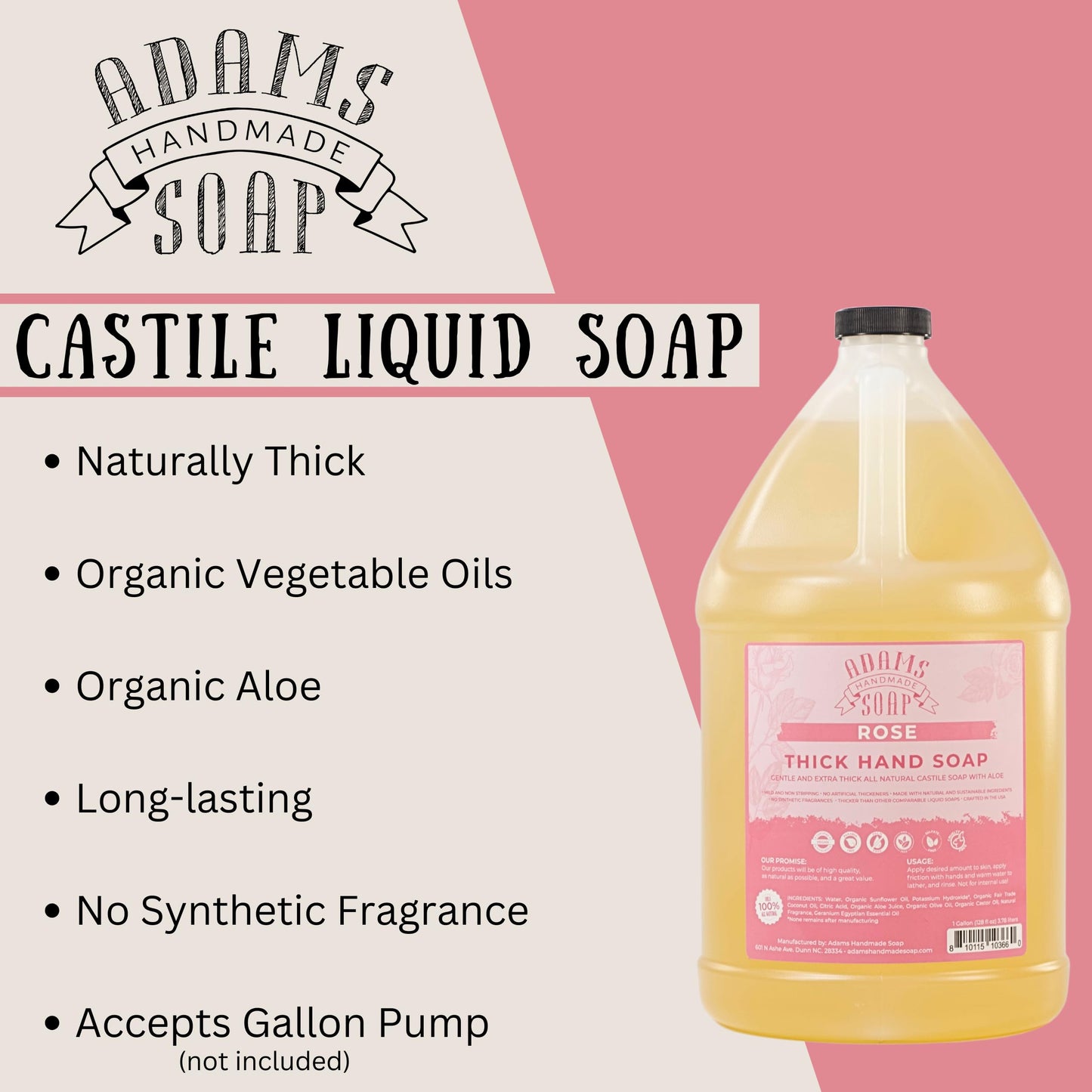 Adams Handmade Soap Thick Organic Castile Liquid Hand Soap 1 Gallon Refill - Rose Beauty & Personal Care Adams Handmade Soap