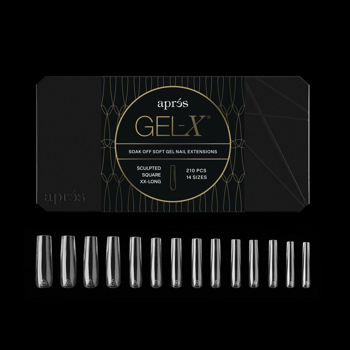 Aprés Gel-X Sculpted Box of Nail Tips, 14 Sizes 00-9, Soft Tip Box (210pcs) (Sculpted Square Extra Extra Long, 210)