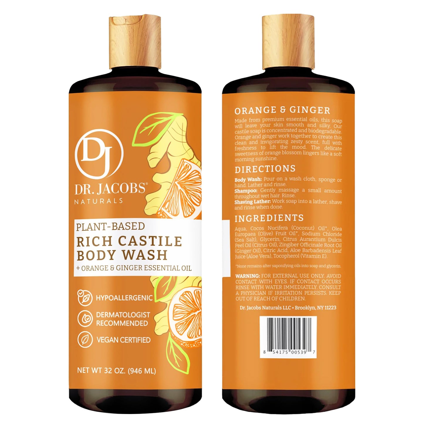 Dr. Jacobs Naturals Castile Orange and Ginger All-Natural Body Wash for Moisturizing Dry Skin with Plant-Based Ingredients with Pump - 32 Ounce Beauty & Personal Care DR.JACOBS NATURALS