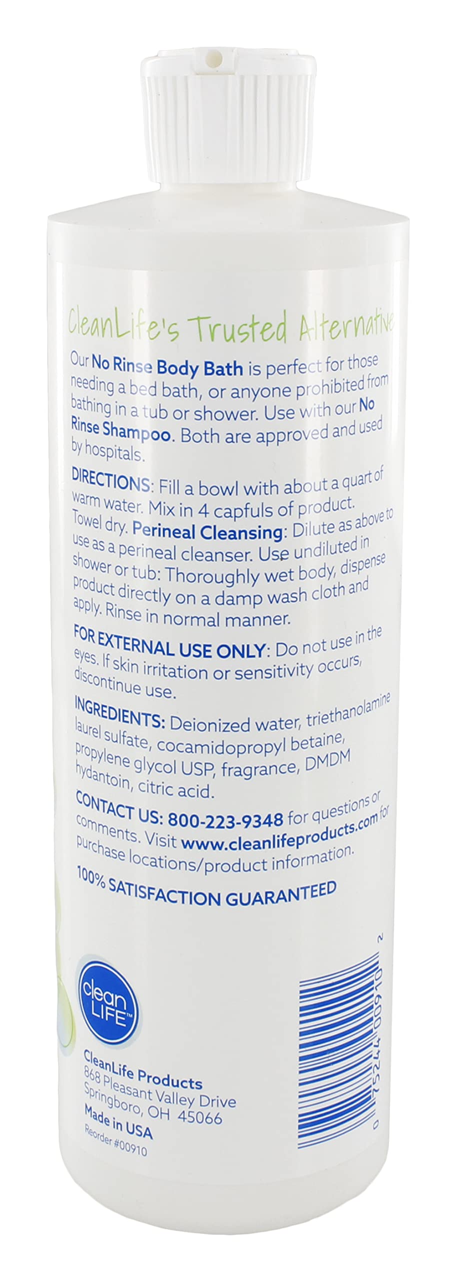 No-Rinse CleanLife Products Body Bath, 16 fl oz (Makes 16 Complete Baths) - Gentle, Concentrated Liquid Body Wash Made in USA - Ideal Beauty & Personal Care No-Rinse