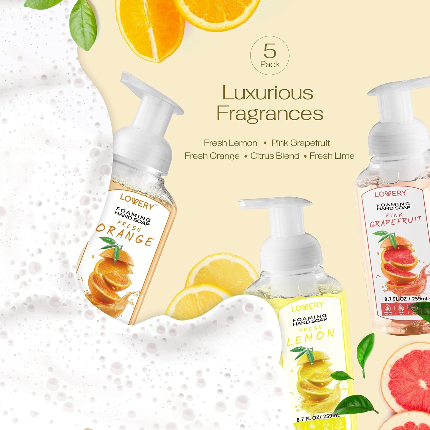 Foaming Hand Soap Pump - 5-PK - Moisturizing Hand Soap Foam with Aloe Vera & Essential Oils - Alcohol-Free Hand Wash in Citrus Blend, Lemon, Orange Beauty & Personal Care LOVERY