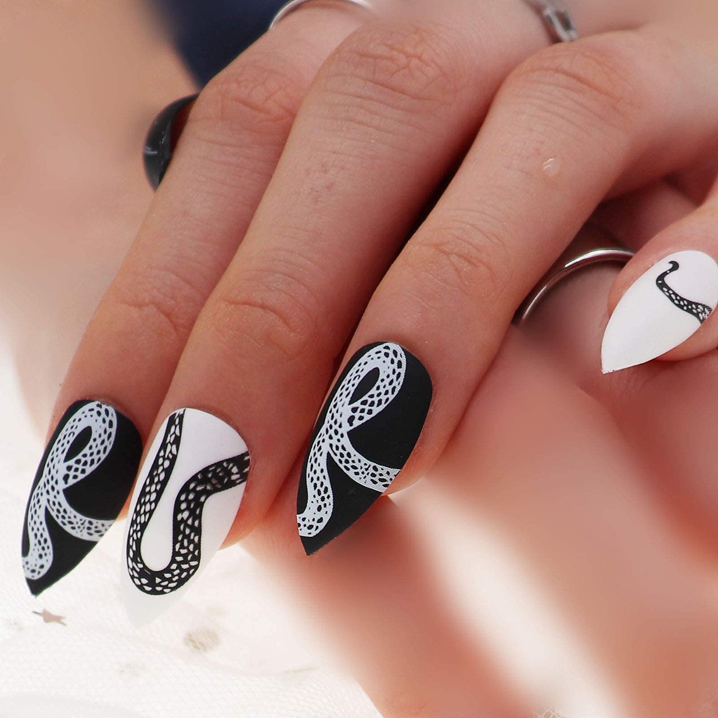MISUD Press on Nails - Medium Stiletto Glue on Nails with Goth Snake, Acrylic Gothic Black White Design 24 pcs Beauty & Personal Care MISUD