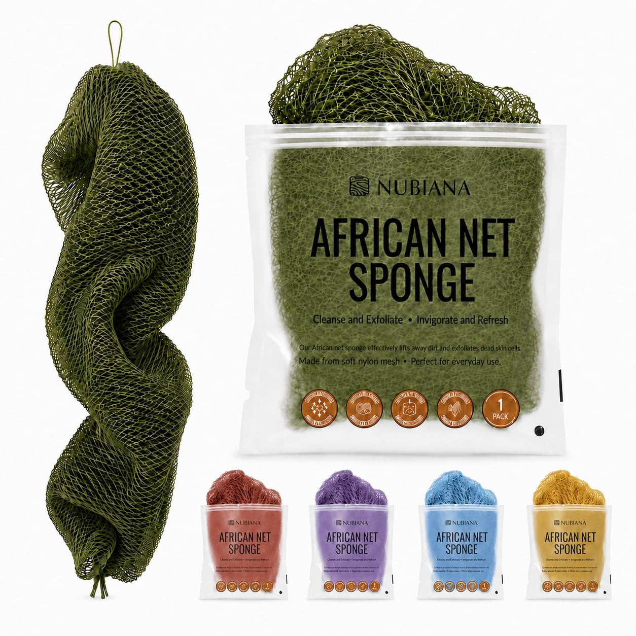 Nubiana African Net Sponge Authentic with Knots, 45 Inch Handwoven Nigerian Exfoliating Body Sponge with Handles, Quick-Drying Nylon Mesh Body Beauty and Personal Care Nubiana