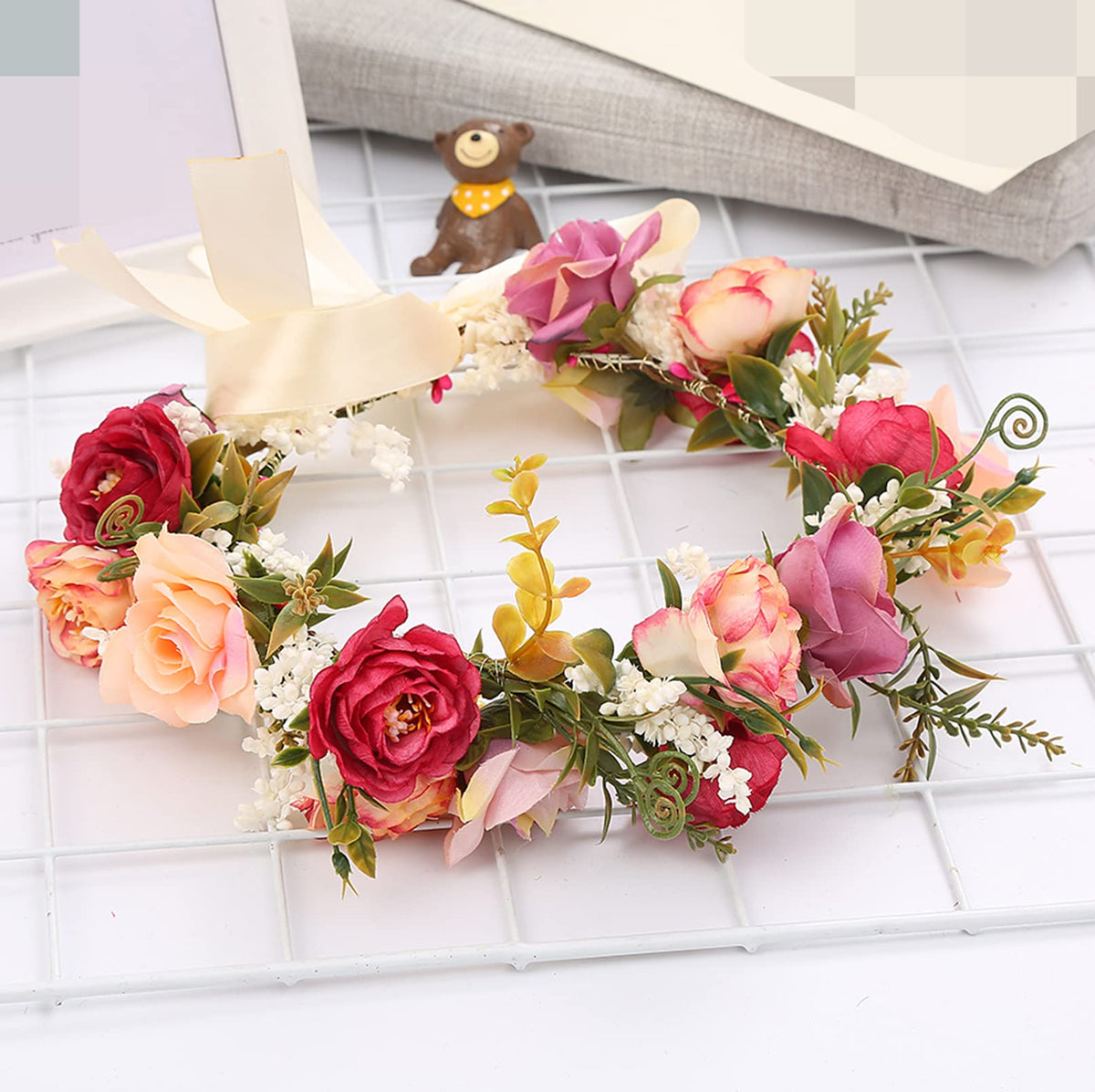 LLinfflr Rose Flower Crown Bridal Floral Headband Hair Wreath Headpiece Halo