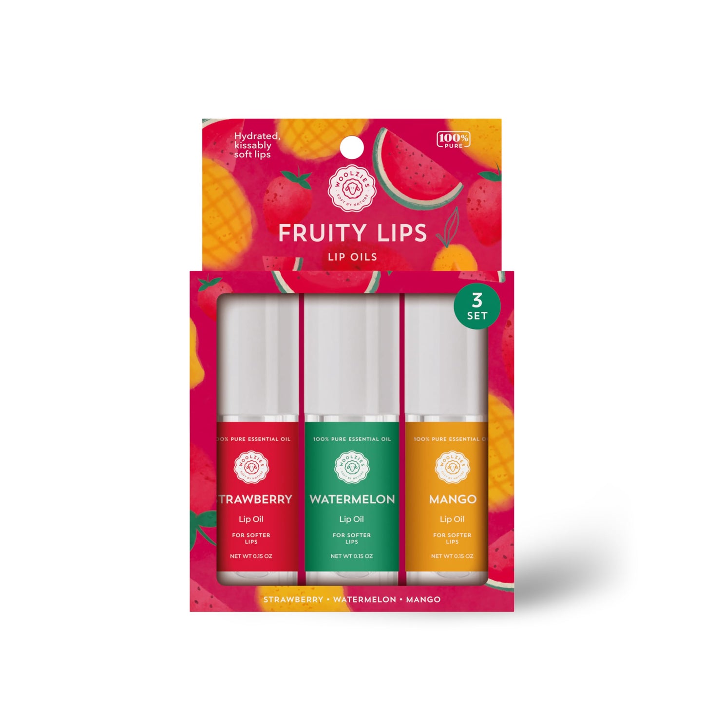 Woolzies All-Natural Lip Oils - Flavored Assortments - Moisturizing with Beautiful Tints Set of 3 (3 Pack, Fruity Lips) Beauty and Personal Care Woolzies
