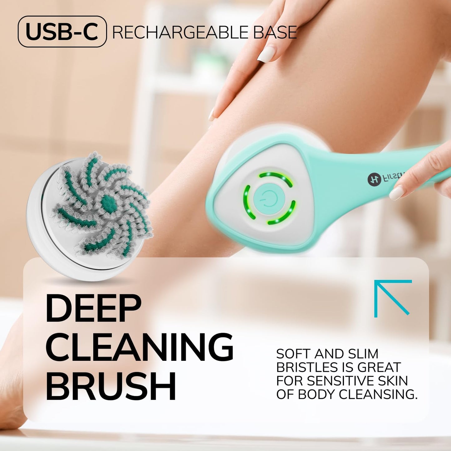 FIRSTHEALTH 6-in-1 Electric Exfoliating Body Scrubber for Women & Men, USB-C Rechargeable IPX7 Waterproof Shower Brush, Detachable Long Handle Back Beauty and Personal Care FIRSTHEALTH