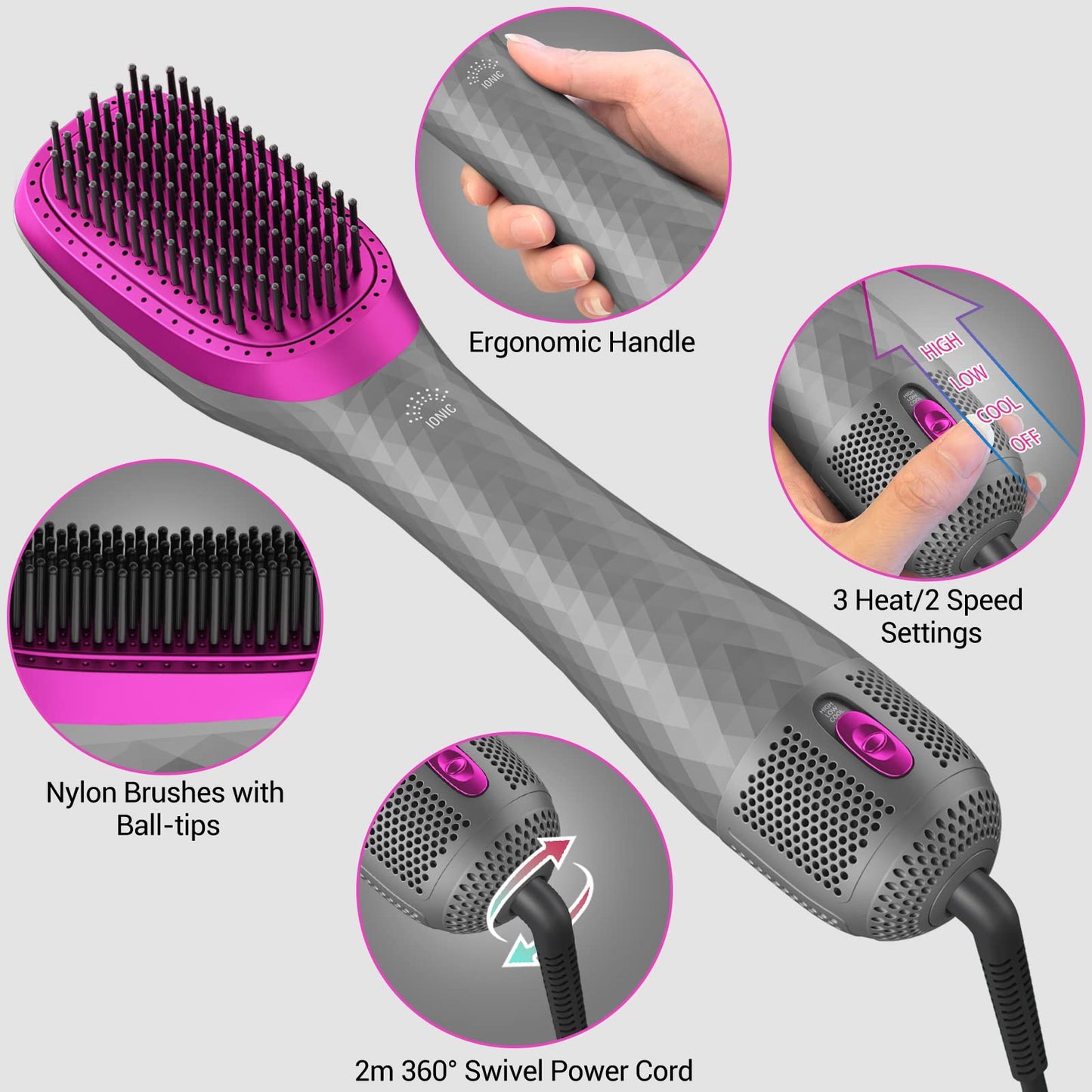 APOKE 3 in 1 Hair Dryer Brush Professional 1200W Powerful Ceramic Tourmaline 3 Heat/2 Speed Settings One Step Hair Dryer and Styler (Gray) Beauty & Personal Care APOKE