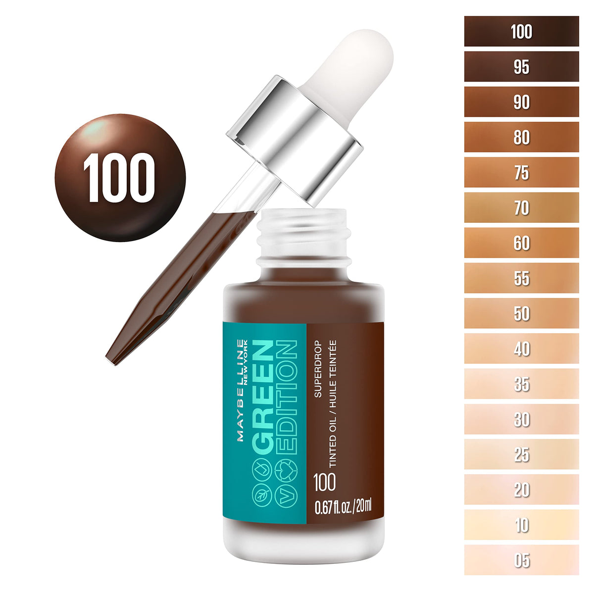 Maybelline Green Edition Superdrop Tinted Oil Base Makeup, Adjustable Natural Coverage Foundation Formulated With Jojoba & Marula Oil, 100, 1 Count