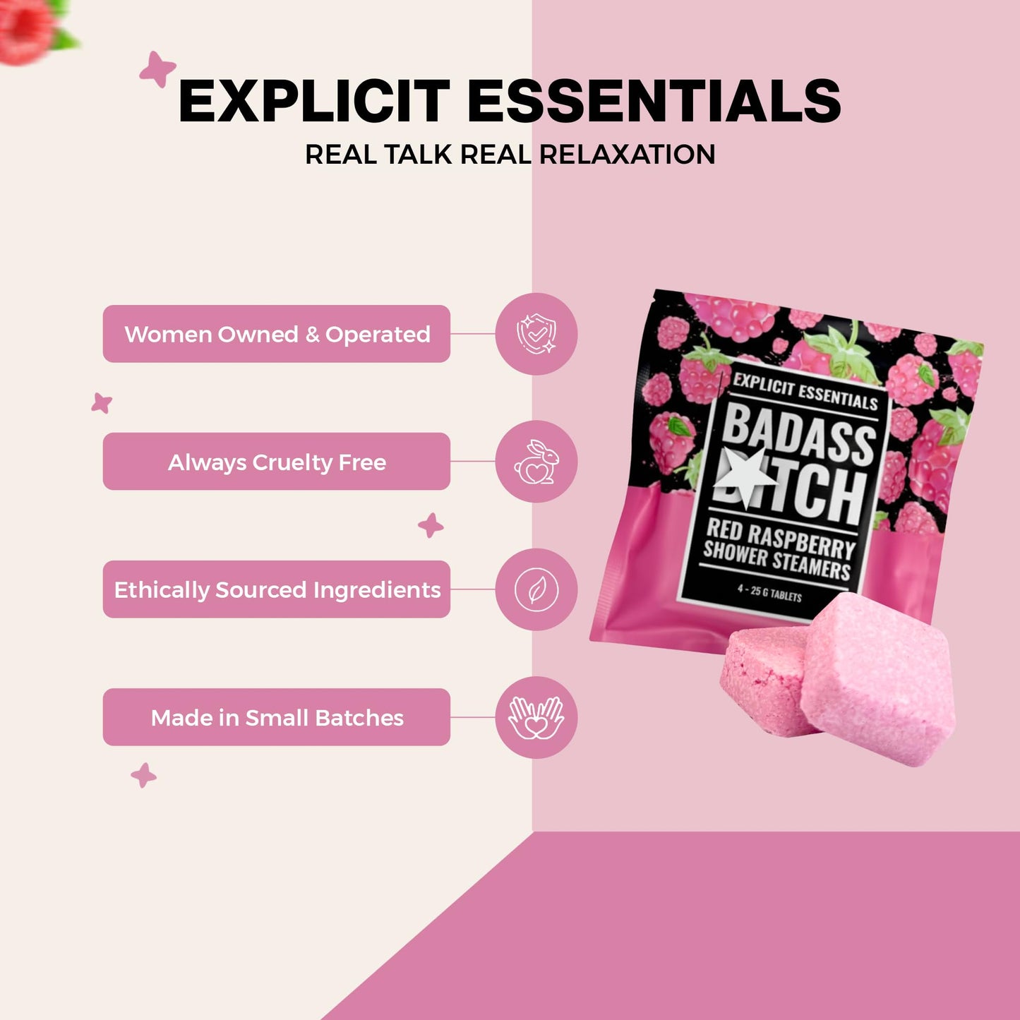Explicit Essentials Bad Ass B Shower Steamers - Sweet Red Raspberry Aromatherapy Shower Steamers - Bold Self-Care Gift for Women - Relaxing Beauty and Personal Care Explicit Essentials