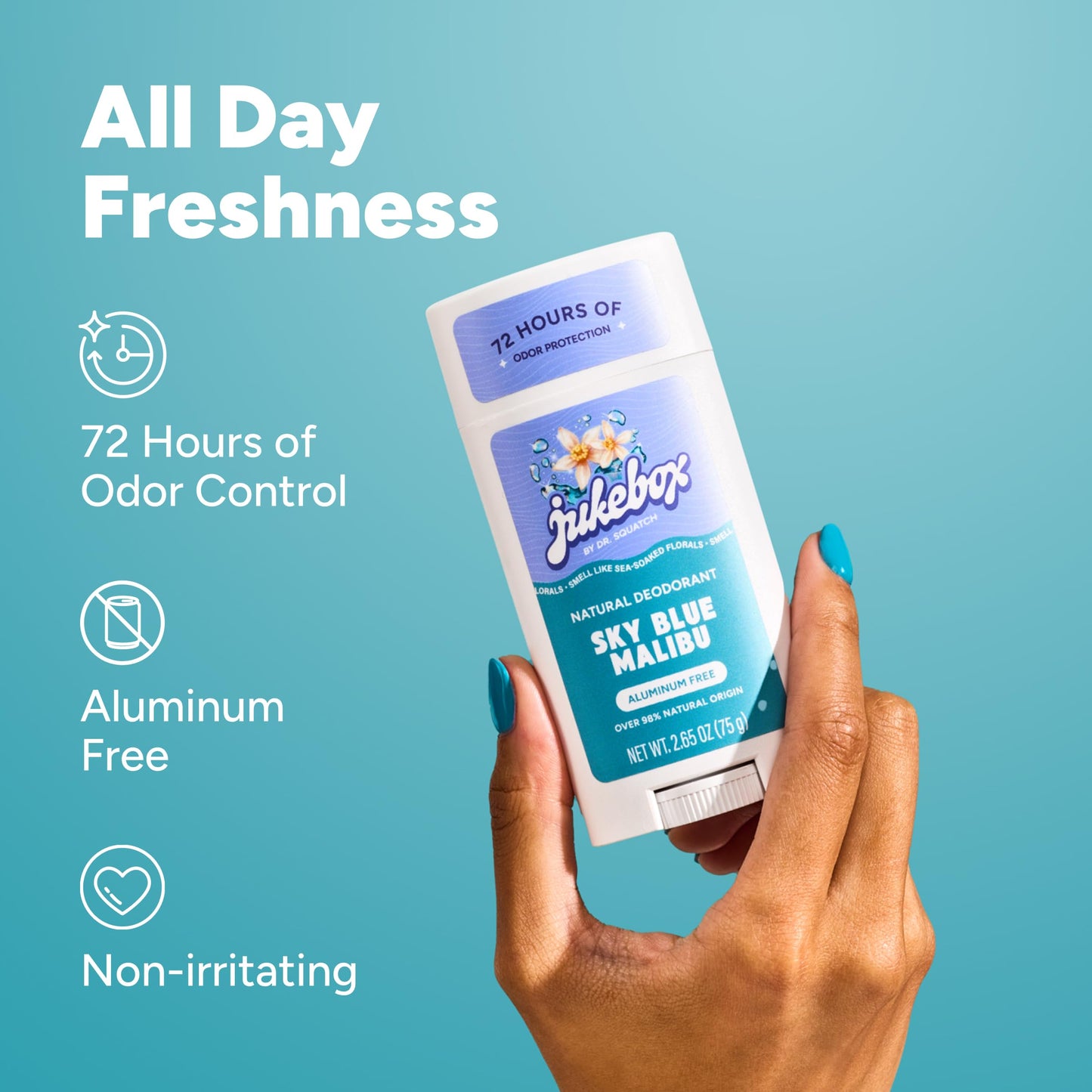 Jukebox Natural Women’s Deodorant - Aluminum Free, 72 Hour Odor Protection - Made with Arrowroot, Charcoal & Postbiotics - Sky Blue Malibu, 2.65 oz Beauty and Personal Care JUKEBOX