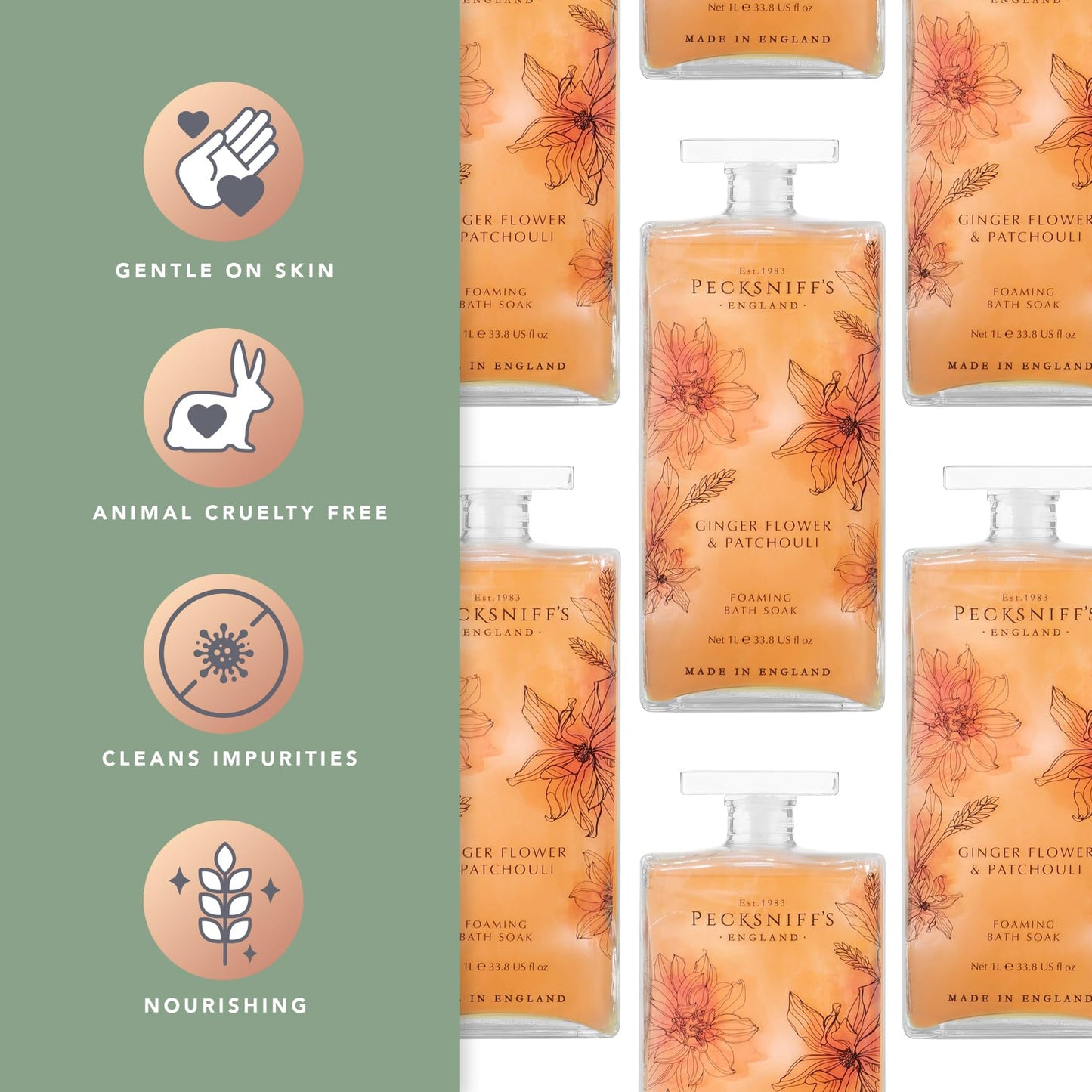 Pecksniff’s GingerFlower & Patchouli Foaming Bath Soak - Luxury Bubble Bath, 1L / 33.8 fl oz, Made in England Beauty and Personal Care Pecksniff's