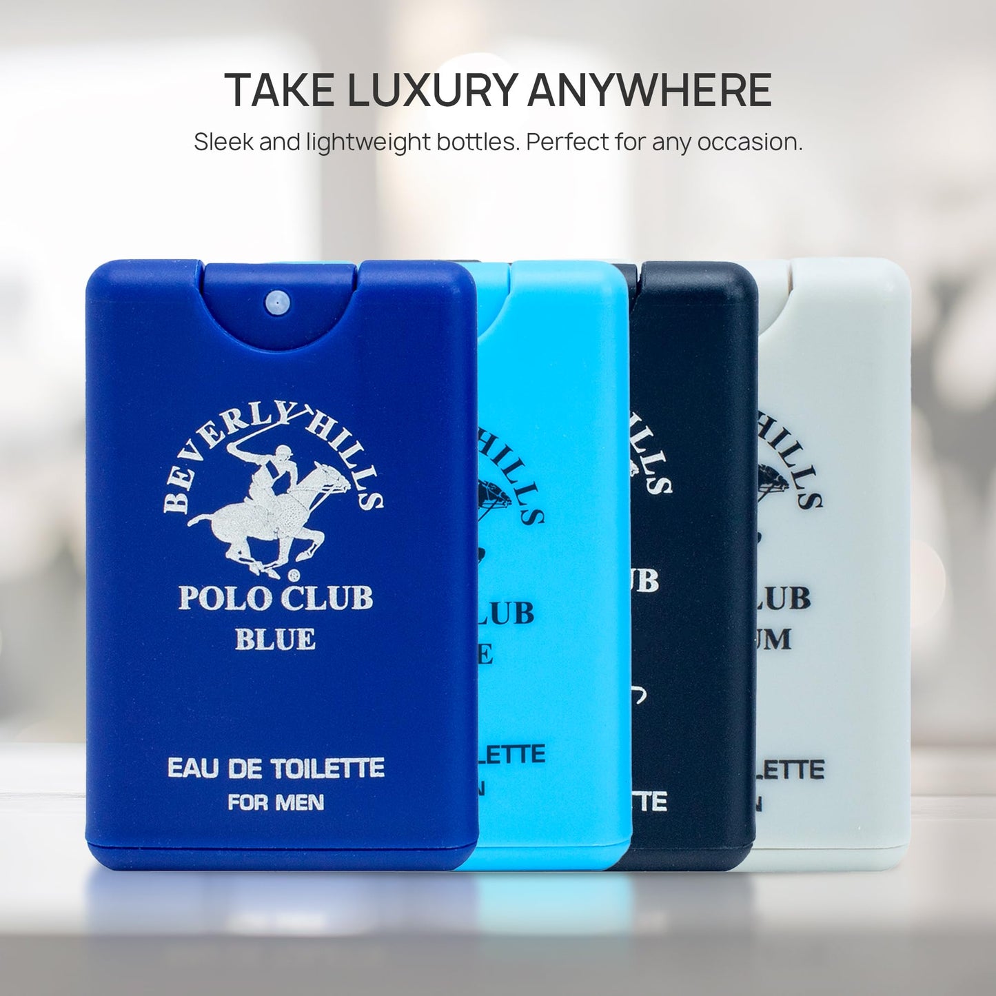 Beverly Hills Polo Club Men's 4-Piece Pocket Spray Set - Active, Sexy, Platinum, Blue EDT Collection Beauty & Personal Care Beverly Hills Polo Club
