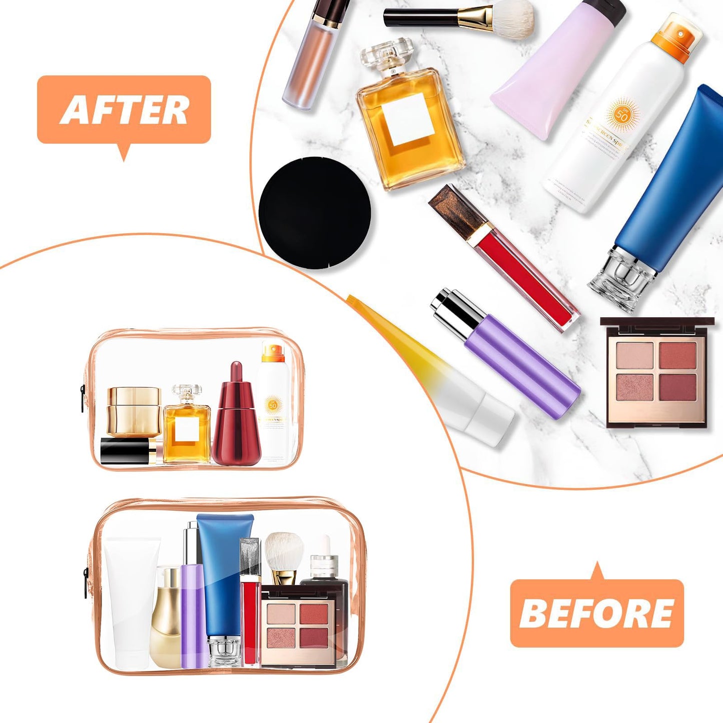 AURUZA 6 Pack Travel Toiletry Bag, Clear Makeup Bag, TSA Approved Cosmetic Bag with Zipper, Clear Organizer Carry on Bag for Women, PVC Cosmetic Pouch Beauty and Personal Care AURUZA