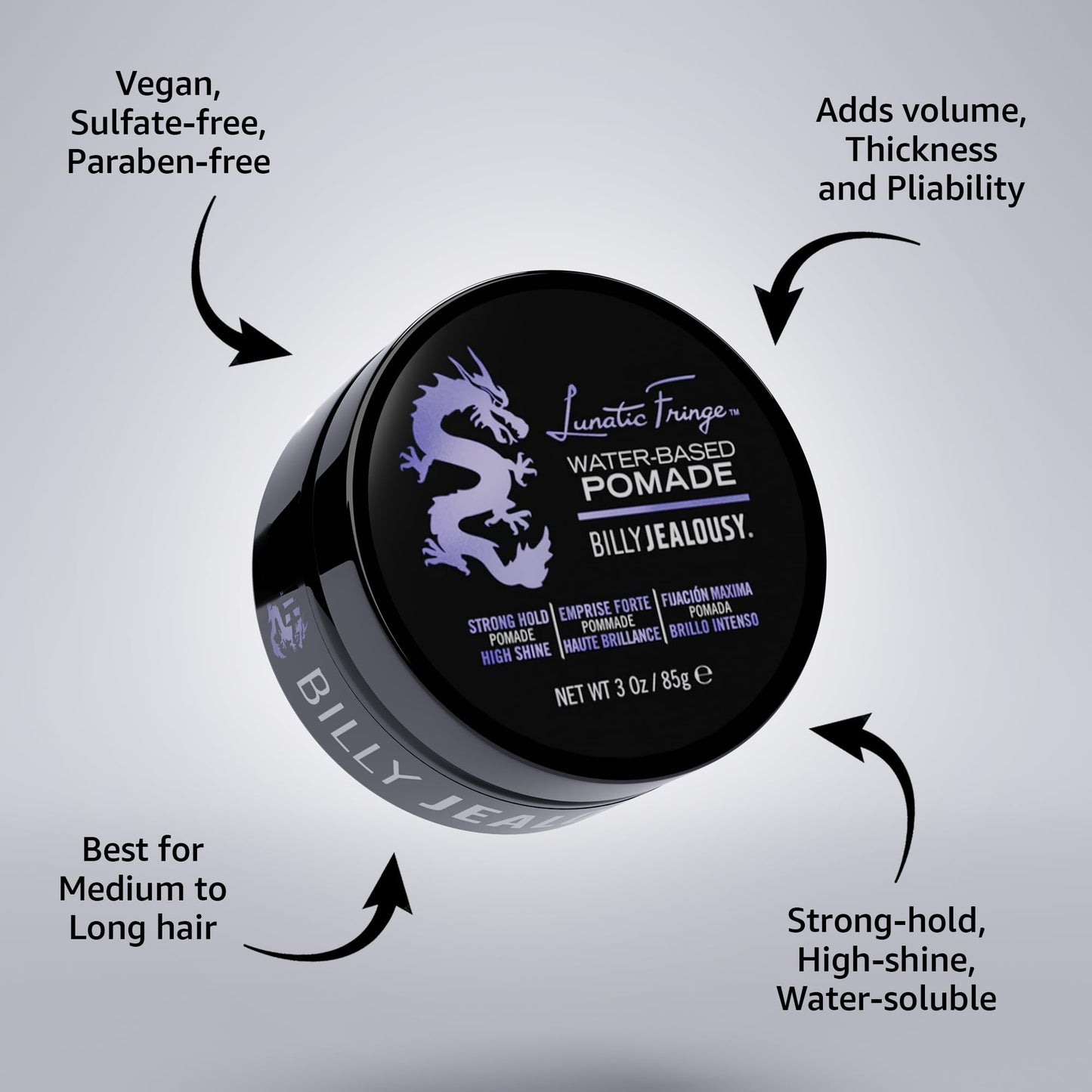 Billy Jealousy Lunatic Fringe Water-Based Pomade for Men, Strong Hold, High Shine, Water Soluble and Vegan Hair Product Ideal for Medium to Long Thick Beauty & Personal Care Billy Jealousy
