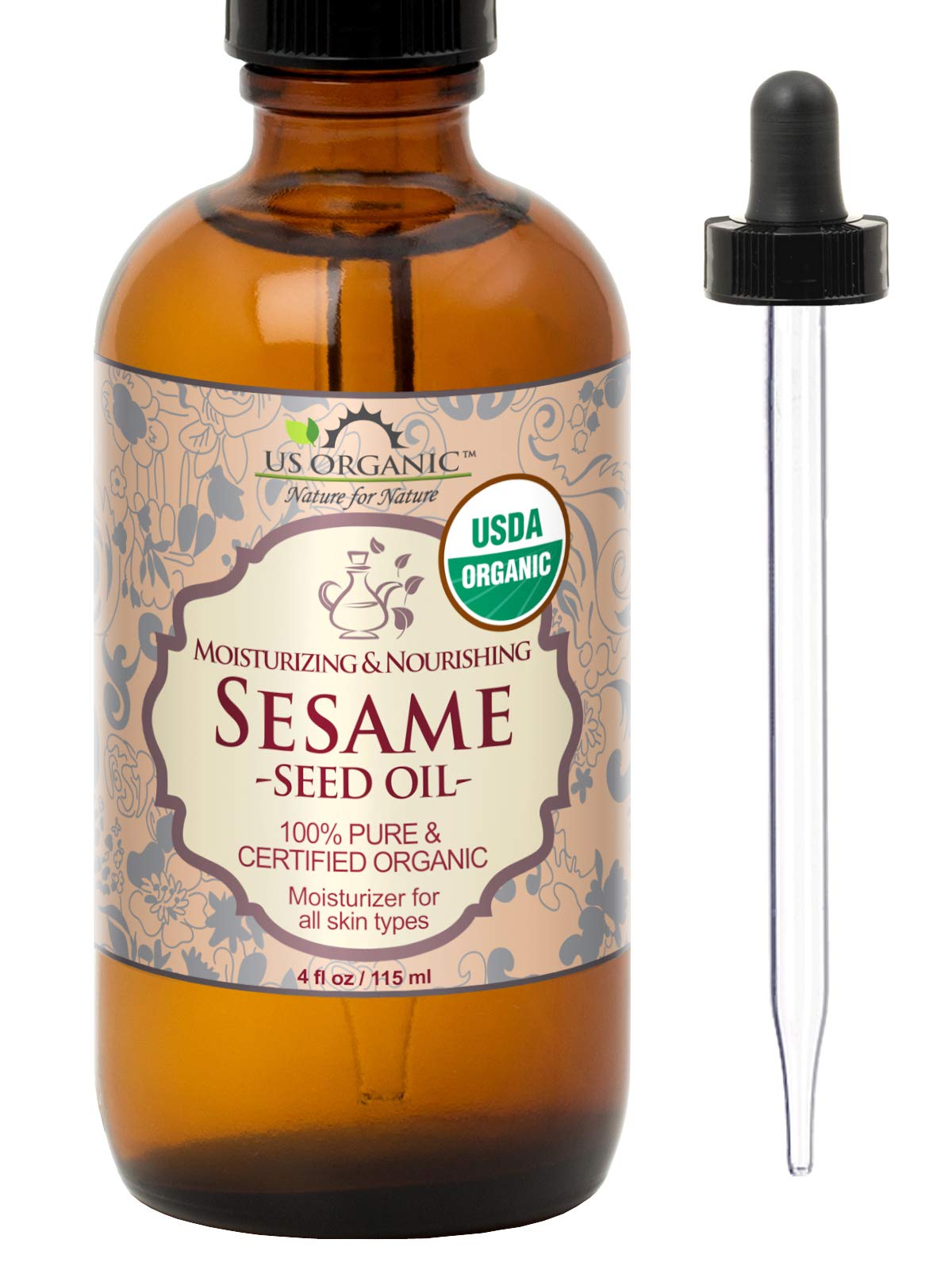 US Organic Sesame Seed Oil, USDA Certified Organic, Untoasted, Unrefined Virgin, 100% Pure & Natural, Cold Pressed, in Amber Glass Bottle w/Glass Eye Beauty & Personal Care US Organic