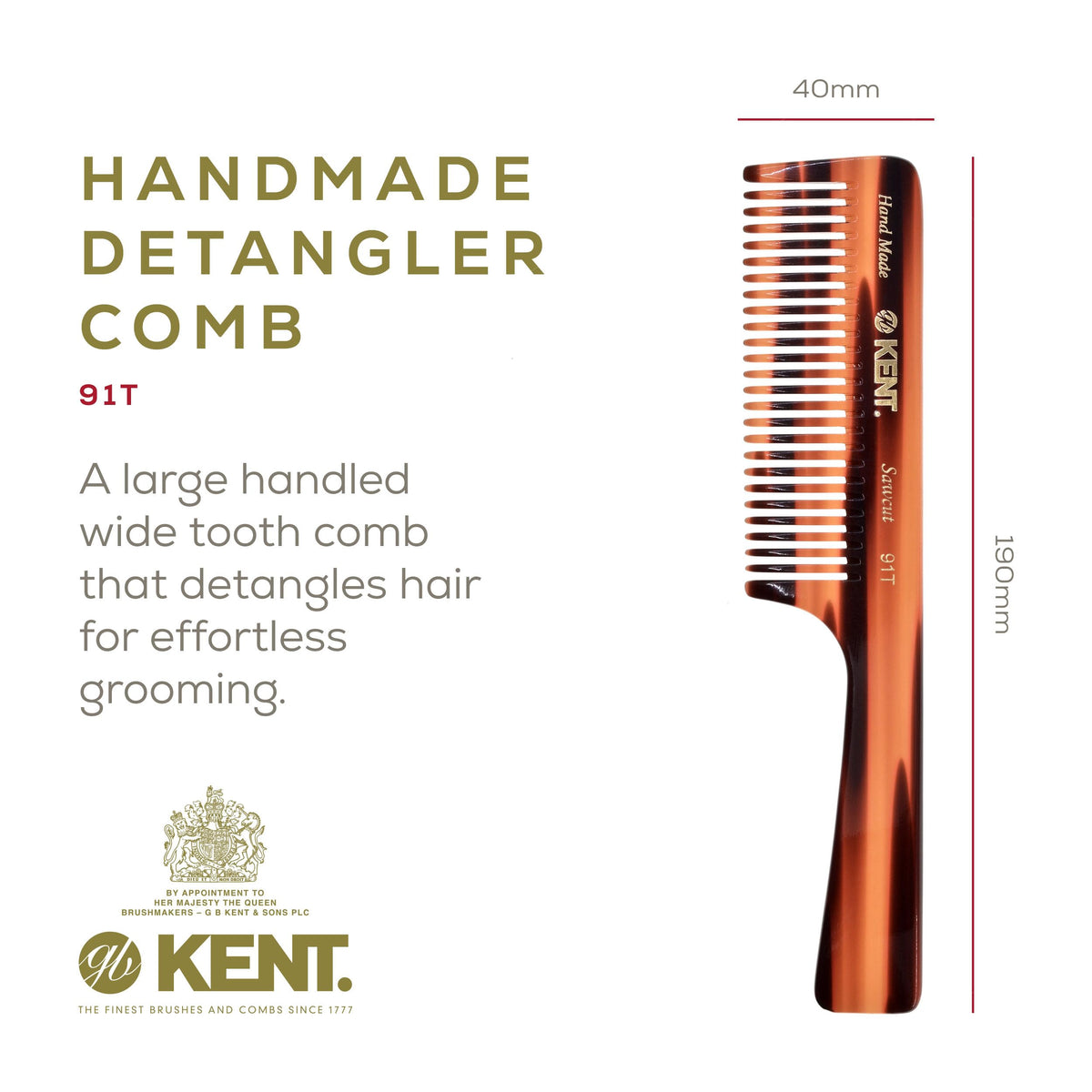 Kent 91T Wide Tooth Detangler Hair Comb for Women and Men - for Curly and Wavy Hair - Wet Hair Comb, Large Handle Wide Tooth Shower Comb for Effective