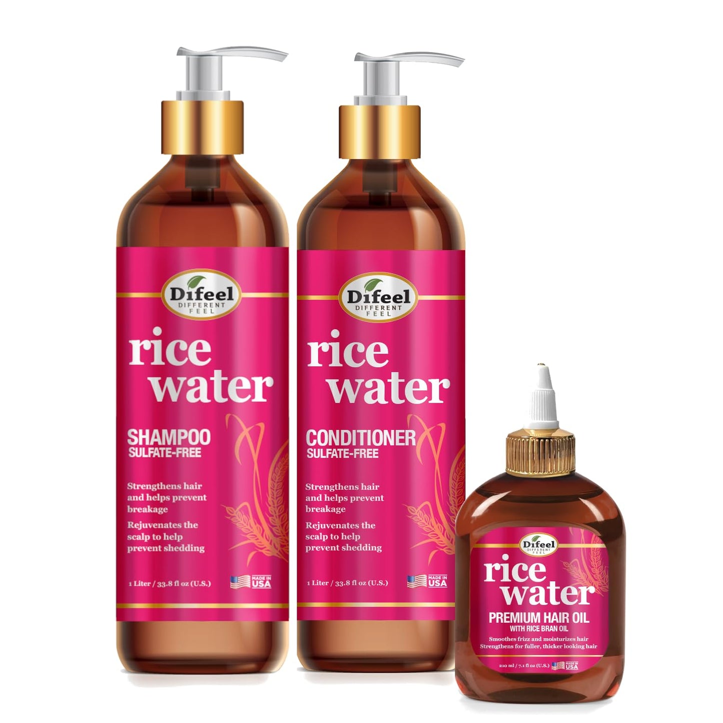 Difeel Rice Water Hair Care 3PC Shampoo & Conditioner & Hair Oil Set - Includes 33.8oz Shampoo, 33.8oz Conditioner, 7.1oz Hair Oil Beauty & Personal Care Difeel