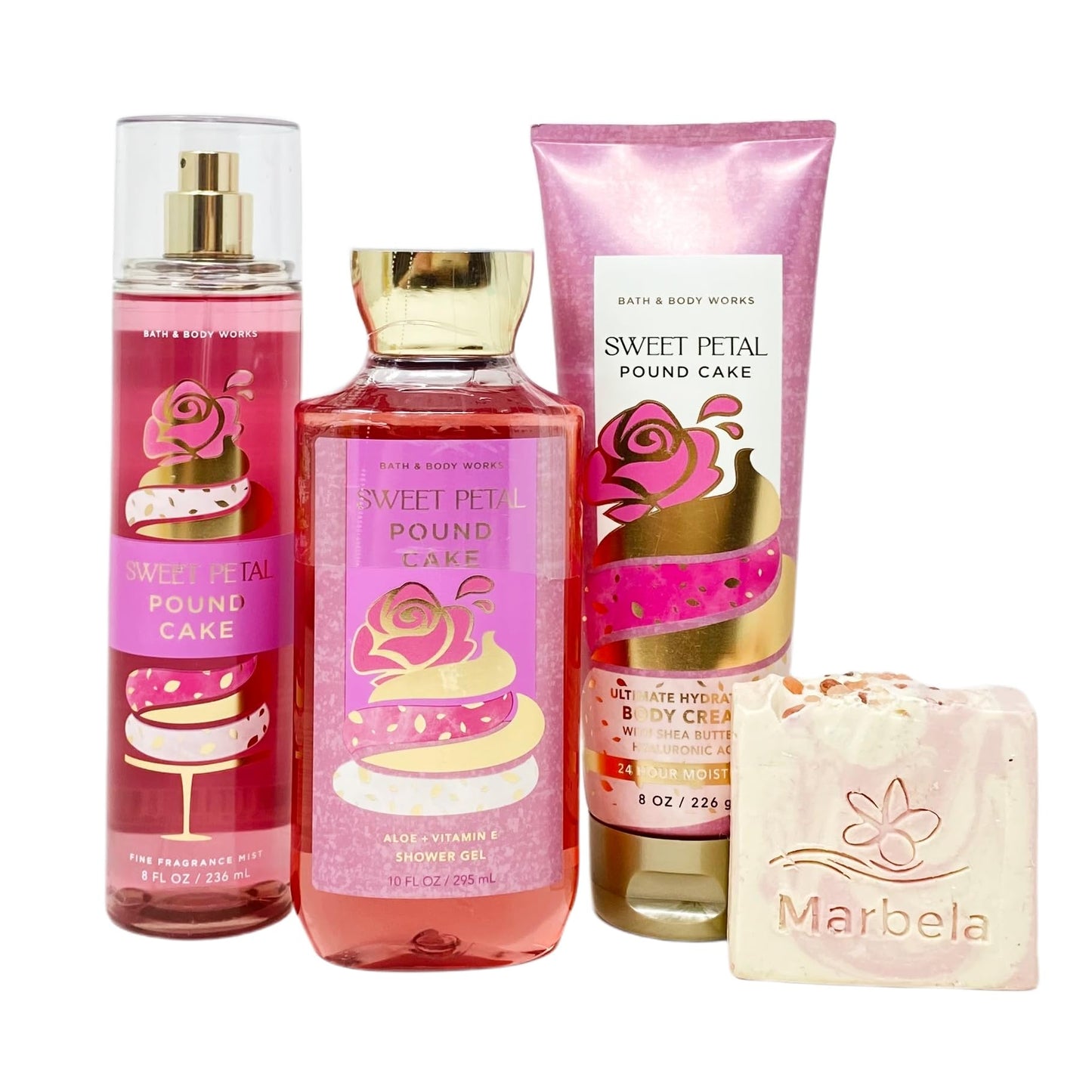 Bath & Body Works Sweet Petal Pound Cake 3 Piece Bundle - Fragrance Mist - Body Cream - Shower Gel - with a Himalayan Salts Springs Bar Soap - Full Beauty and Personal Care Bath & Body Works