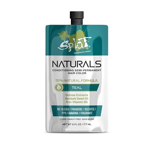 Splat Naturals Semi-Permanent Hair Color, Teal, 6 fl. oz., 95% Natural Hair Dye Formula Lasts Up to 30 Washes, Vegan & Cruelty-Free Semi Permanent Beauty & Personal Care Splat