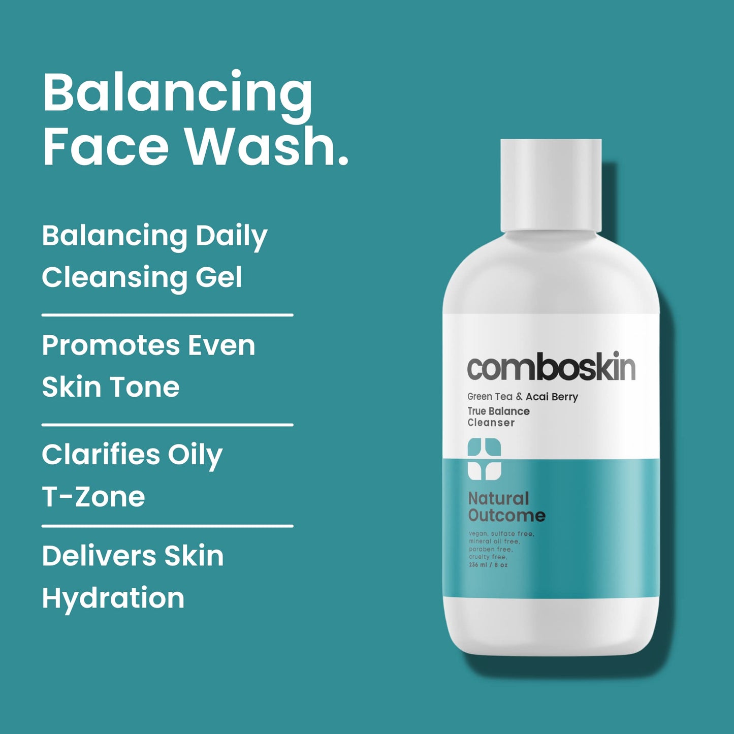 natural outcome Combination Skin True Balance Facial Cleanser Green Tea & Acai Berry | Face Wash and Cleansing Gel for Men & Women | Cruelty Free | 8 Beauty & Personal Care natural outcome