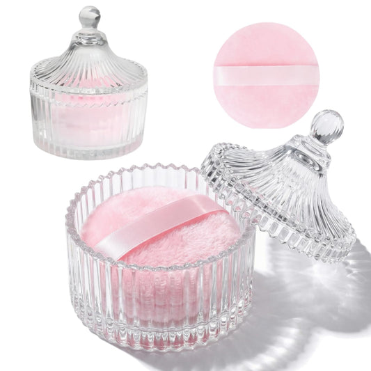 2 Pcs Large Body Powder Puff and Container Powder Container with Puff Powder Puff Crystal Container Soft Washable Reusable Velour Face Body Glitter Beauty and Personal Care Habitable tree Default Title