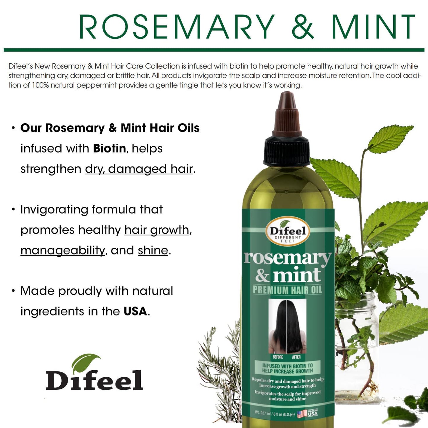 Difeel Rosemary and Mint Premium Hair Oil with Biotin 8 oz. - Natural Oil for Hair Growth Beauty & Personal Care Difeel