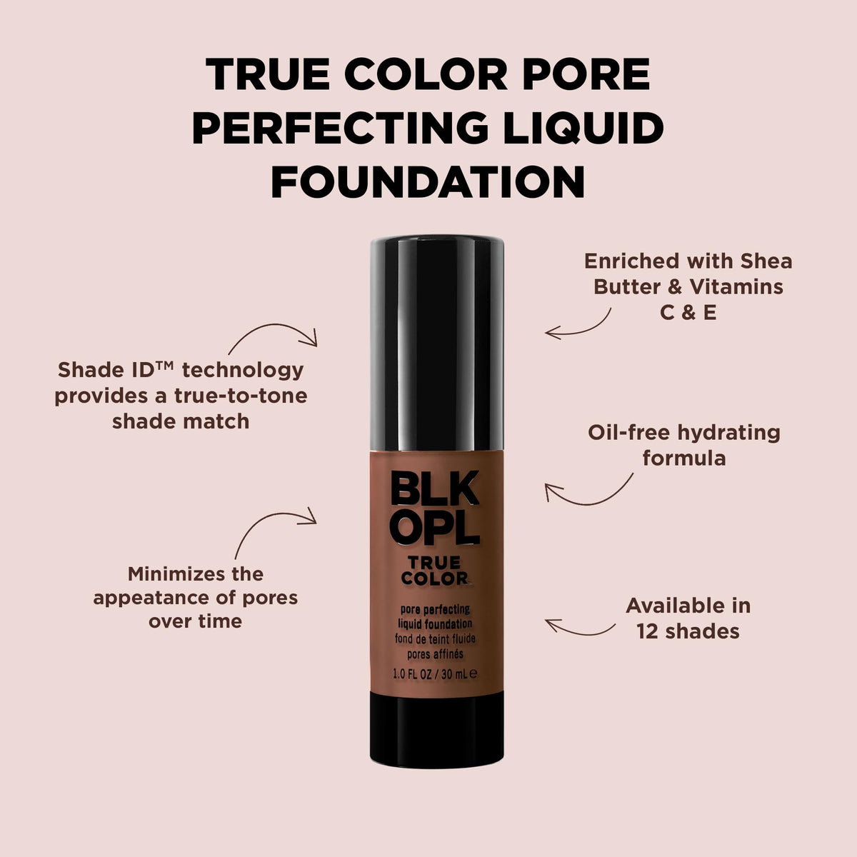 BLK/OPL TRUE COLOR Pore Perfecting Liquid Foundation, Nutmeg - enriched with Vitamins C & E, paraben-free, fragrance-free, cruelty-free