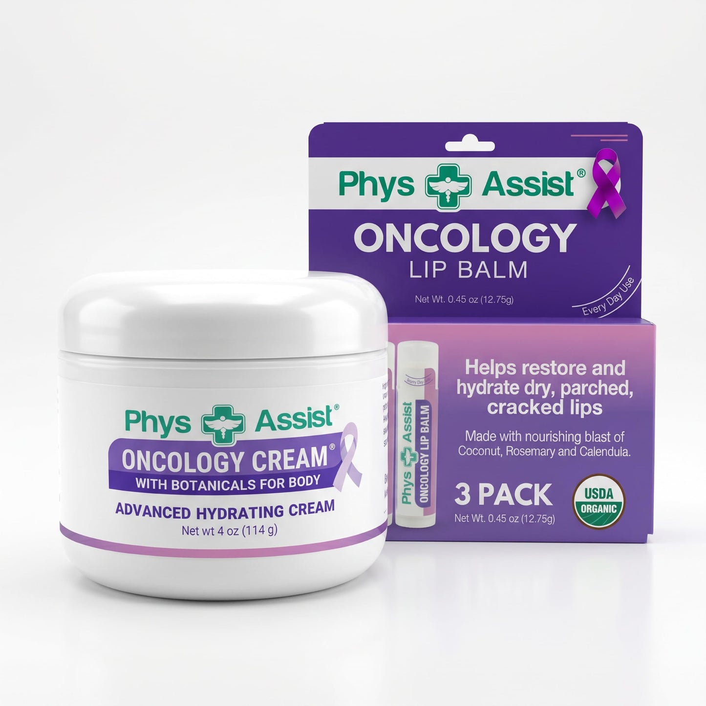 PhysAssist Oncology Cream with Botanicals for Body 4 oz + Lip Balm 3 Pack. Skin Therapy Set for Dry, Sensitive & Stressed Skin - Hydrating Body Cream Beauty and Personal Care PhysAssist