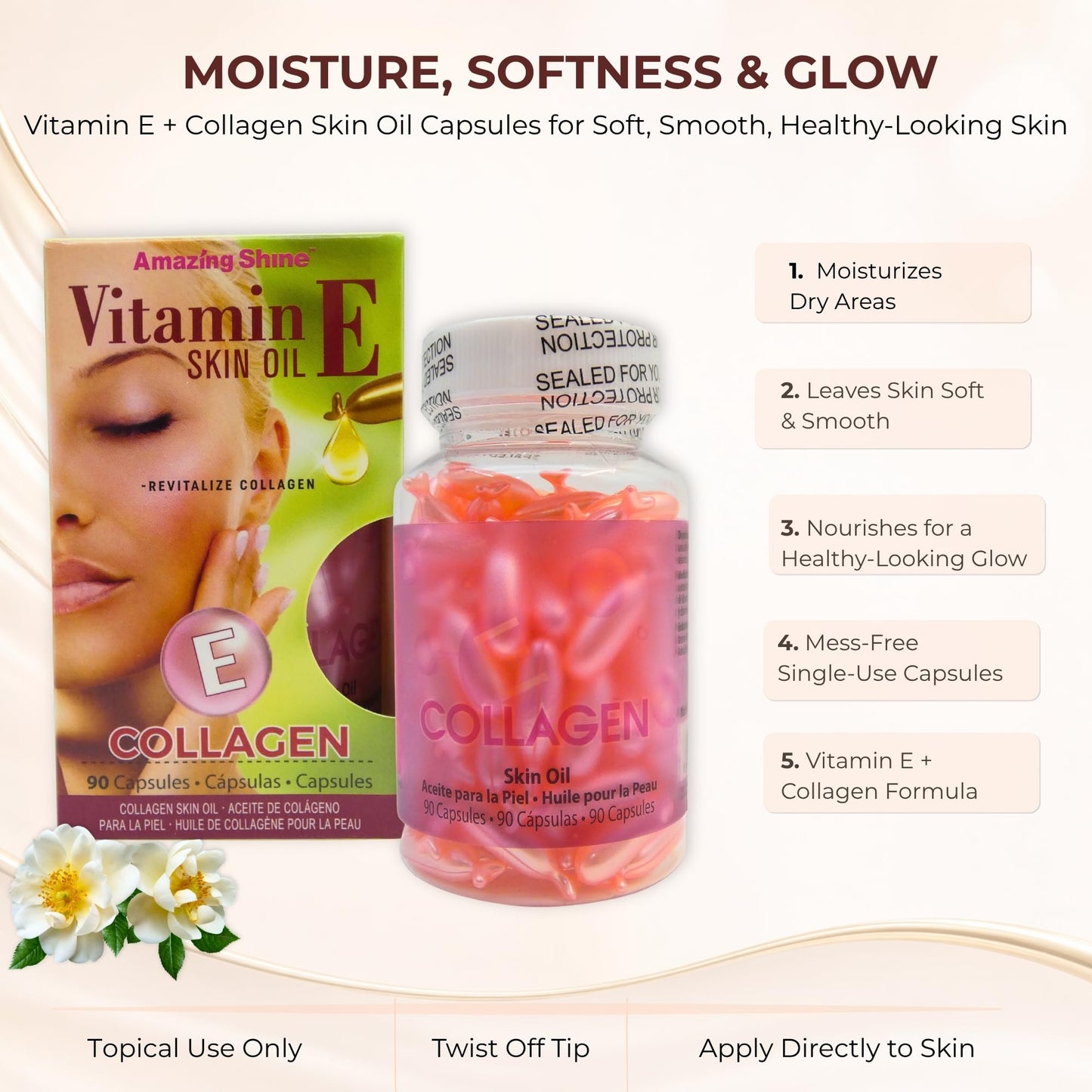 Amazing Shine Collagen Skin Oil Capsules, Topical Use Only, Single Use Twist Off Capsules, External Skin Oil, 90 Capsules Beauty & Personal Care Amazing Shine