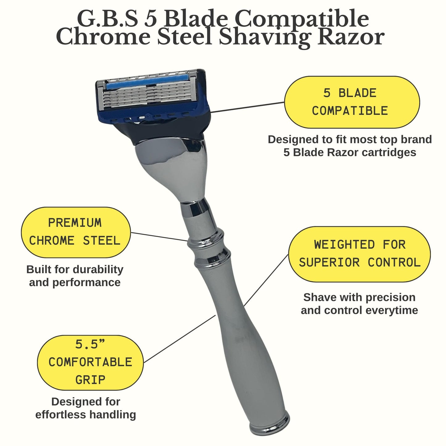G.B.S 5 Blade Compatible Chrome Steel Shaving Razor - Weighted Handle for Maximum Control - Luxury Men's Razor for a Smooth, Close Shave - Compatible Beauty and Personal Care G.B.S