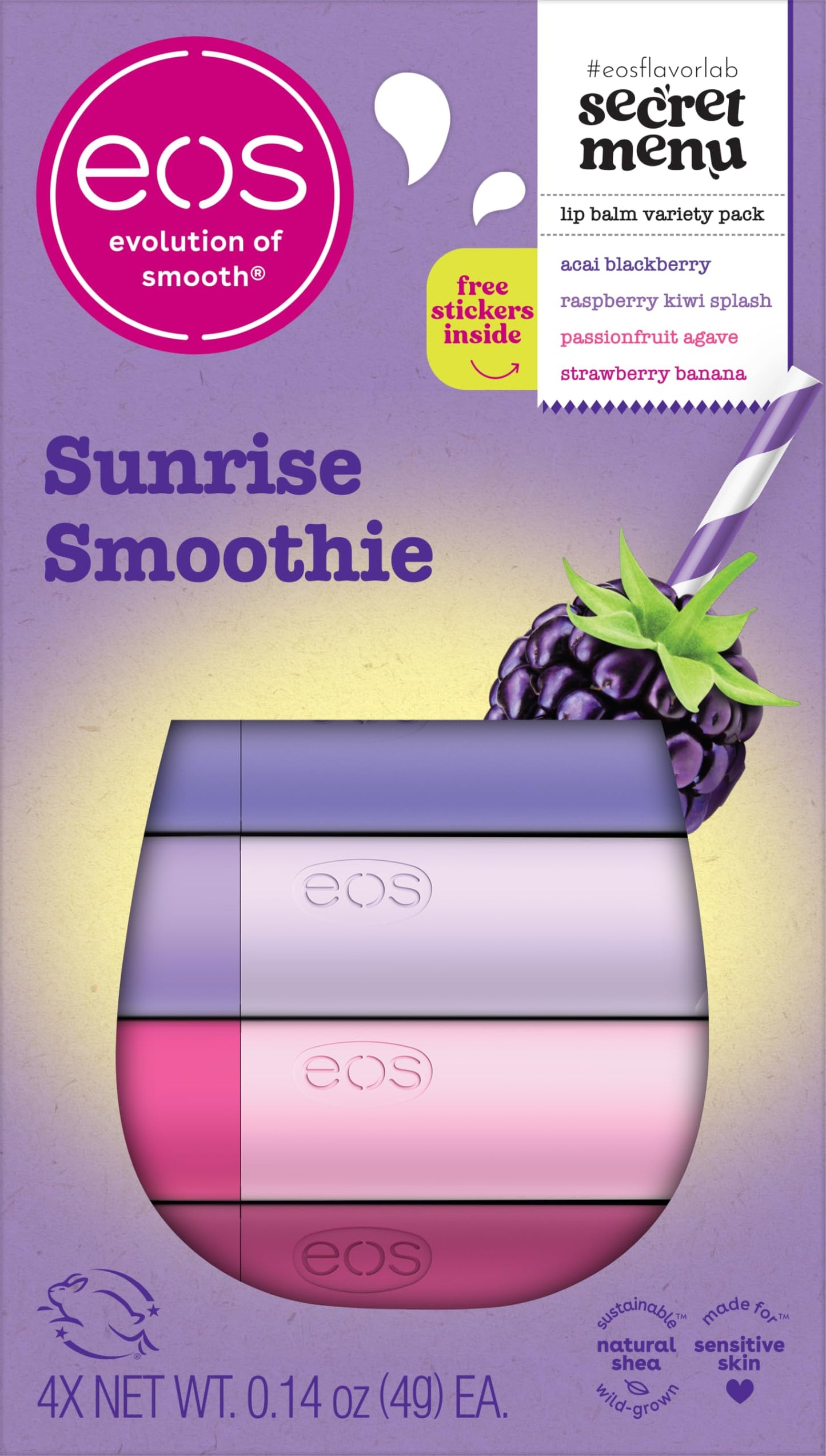 eos Flavor Lab Secret Menu Lip Balm Gift Set - Sunrise Smoothie, Limited-Edition, Moisturizing Care for Dry Lips, Variety Pack, 0.14 oz, 4-Pack Beauty and Personal Care eos