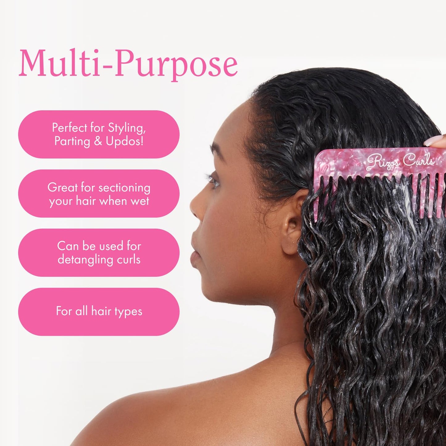 Rizos Curls Wide Tooth Shower Comb for Detangling, Parting & Styling, Gentle for all Hair Textures, Pink Beauty & Personal Care Rizos Curls