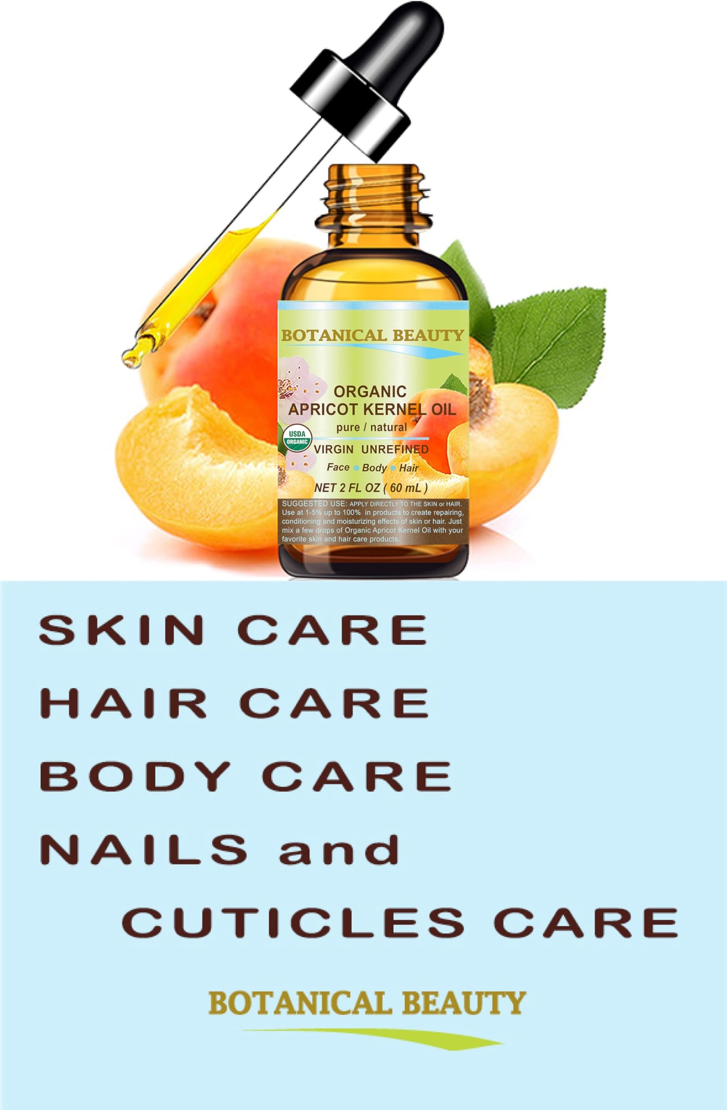 Botanical Beauty ORGANIC APRICOT KERNEL OIL Australian. 100% Pure Virgin Unrefined Cold Pressed Carrier Oil 2 oz- 60 ml. For Face, Hair, Body, Nails Beauty & Personal Care Botanical Beauty