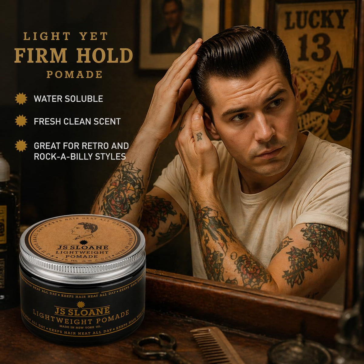 JS Sloane Lightweight Pomade - Light Hold, Natural Shine, Water-Based Hair Styling Pomade - Fresh Clean Scent, Easy Washout - Ideal for Classic, Retro