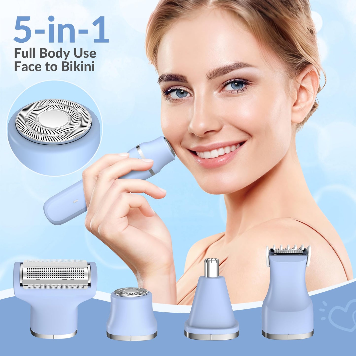 KINGTEE 5-in-1 Electric Bikini Trimmer for Women - IPX7 Waterproof Shaver, Cordless Body & Facial Razors for Women, Ceramic Blades, USB-C Beauty and Personal Care KINGTEE