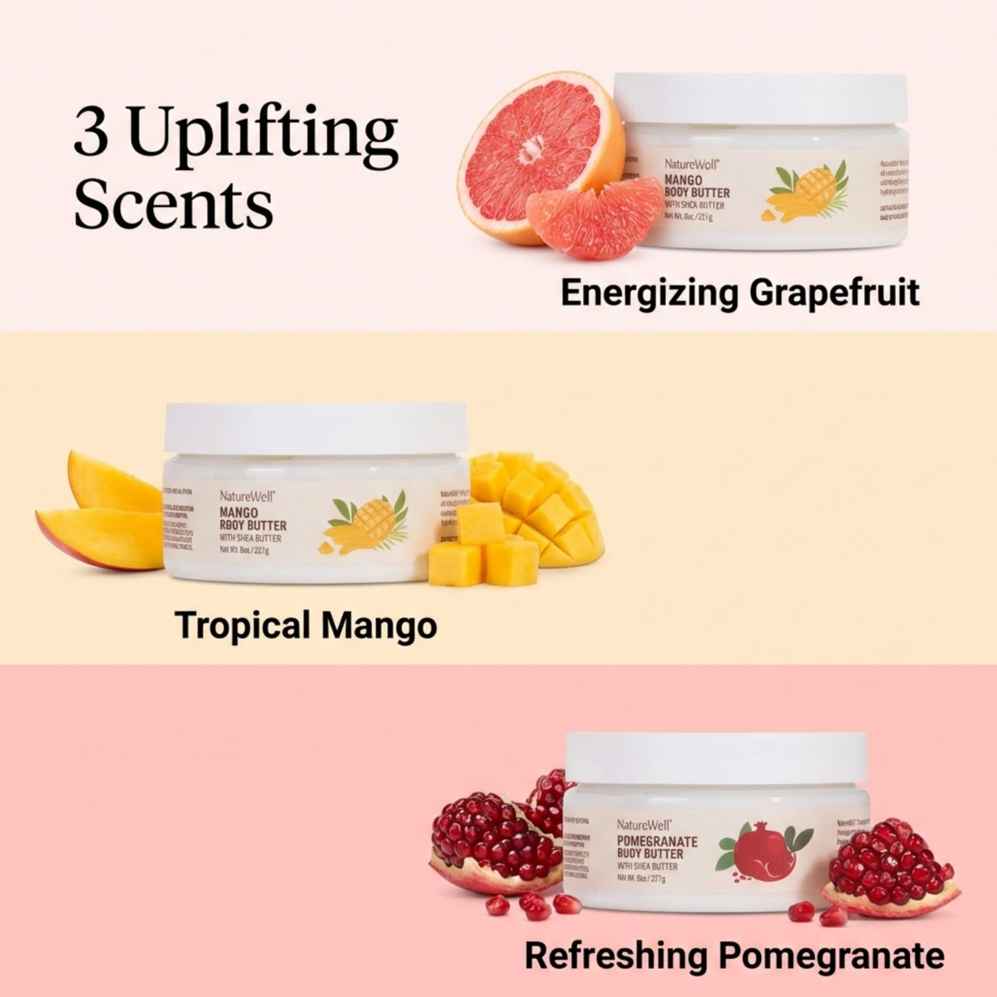 NATURE WELL Shea Body Butter Variety Pack, Includes Grapefruit, Mango, & Pomegranate, Provides Ultimate Nourishment & Hydration, 3 Pack (8 Oz Ea) Beauty & Personal Care NATURE WELL