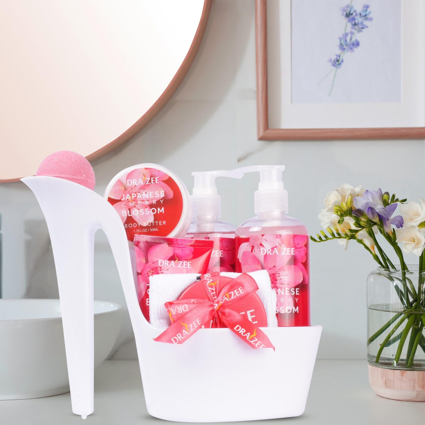 Valentine’s Day Gifts for Women - 8 Pc Spa Gift Baskets for Women, Cherry Blossom Scented Heel Shoe Spa Basket, Elegant Bath Set, Romantic Spa Gift Beauty & Personal Care Draizee