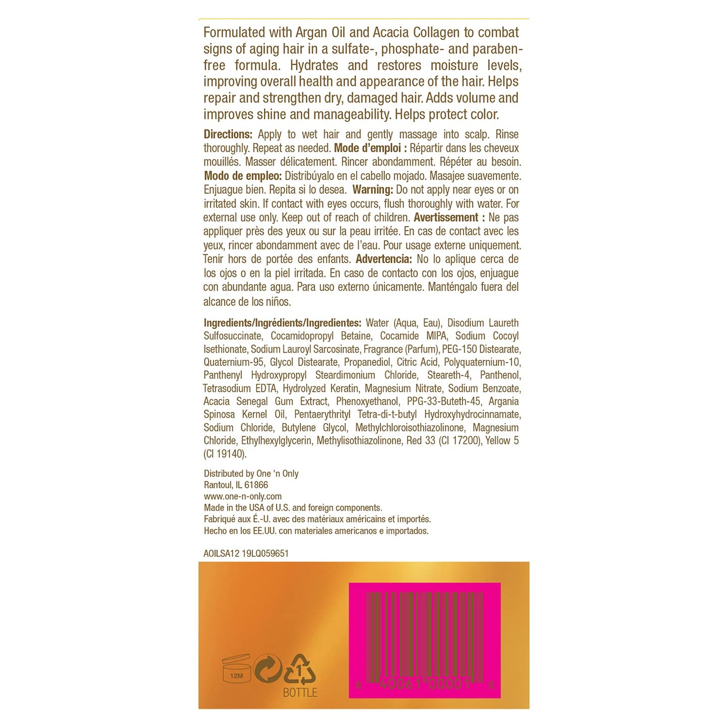 One 'n Only Moisture Repair Shampoo with Argan Oil, Rebalances Hair Moisture Levels, Adds Volume and Shine, Repairs Damage from Chemicals and Heat Beauty & Personal Care One 'N Only