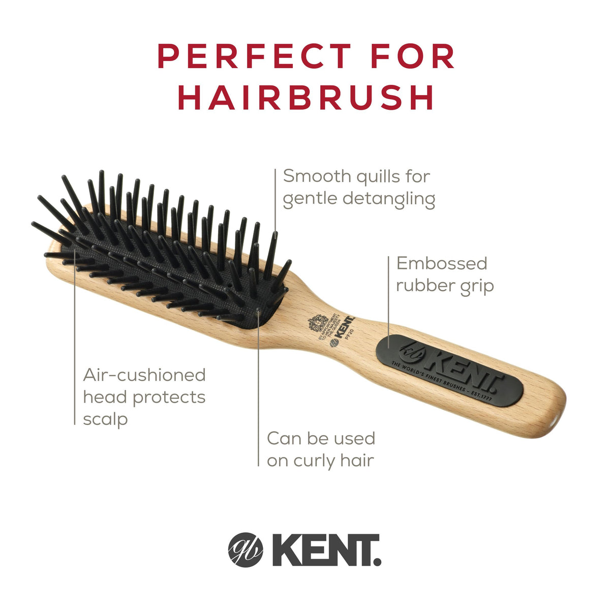 Kent PF20 Narrow Cushion Paddle Brush - Taming Fat Pins, Detangling Long Thick and Curly Hair, Scalp Massager and Growth Stimulator for All Hair