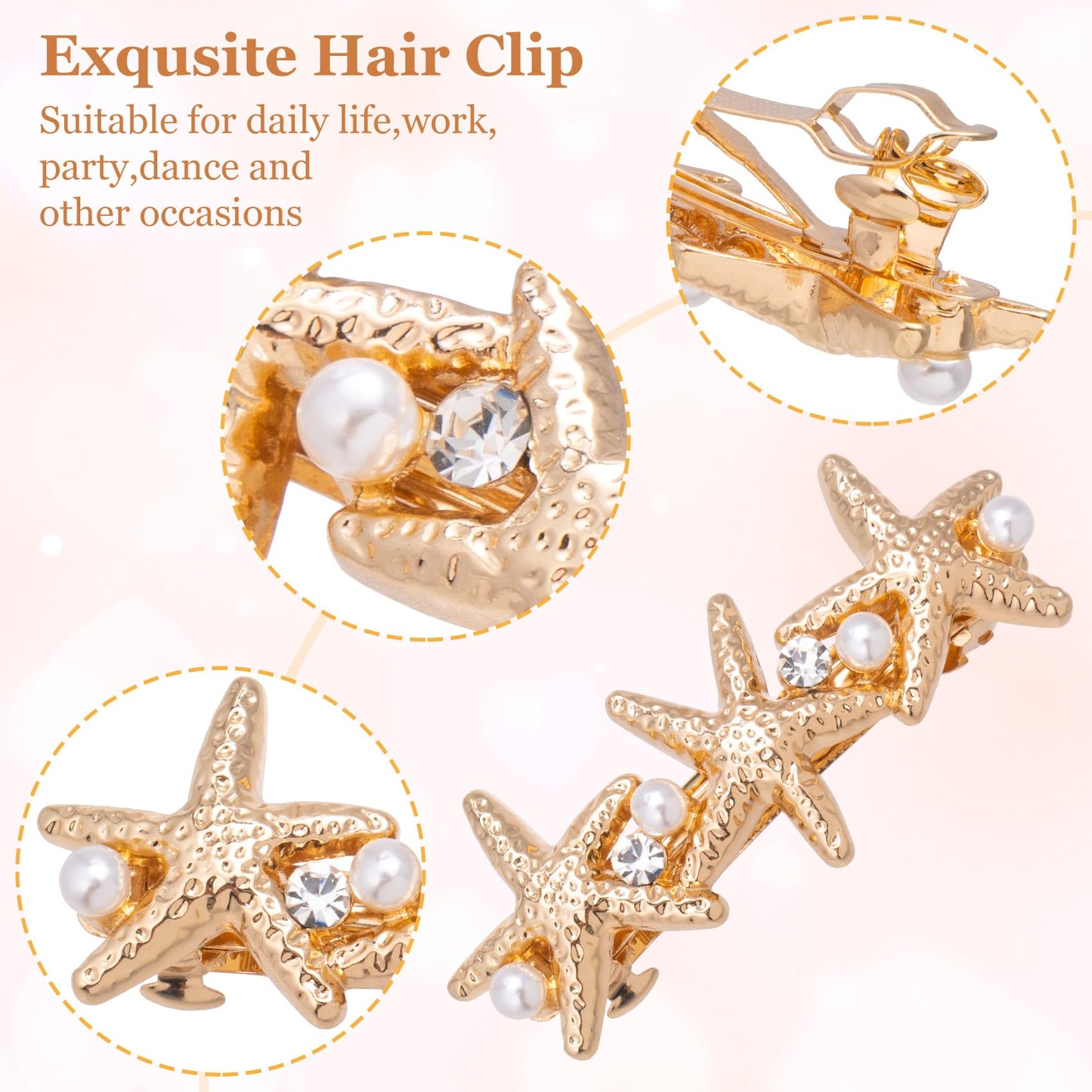 HINZIC 2Pcs 2.6inch Starfish Hair Clips Gold Crystal Rhinestone Pearl Hair Barrettes Sparkly Mermaid Seastar Halloween Christmas Wedding Prom Beauty & Personal Care HINZIC