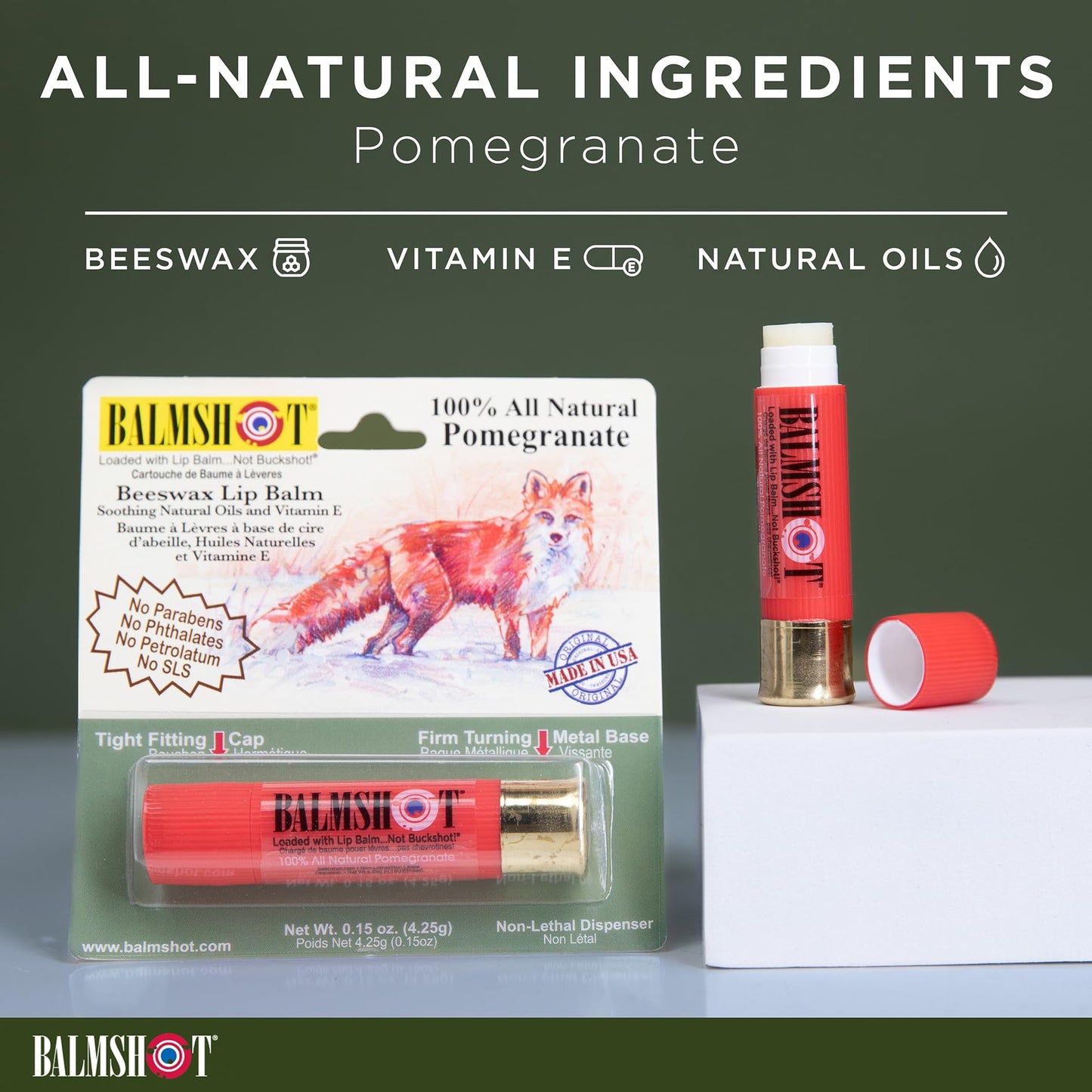 BALMSHOT 100% All-Natural Pomegranate Lip Balm SPF 15 - Natural Beeswax Chapstick, Moisturizing Lip Protector for Very Dry Lips, 20-Gauge Brass Beauty and Personal Care Balmshot