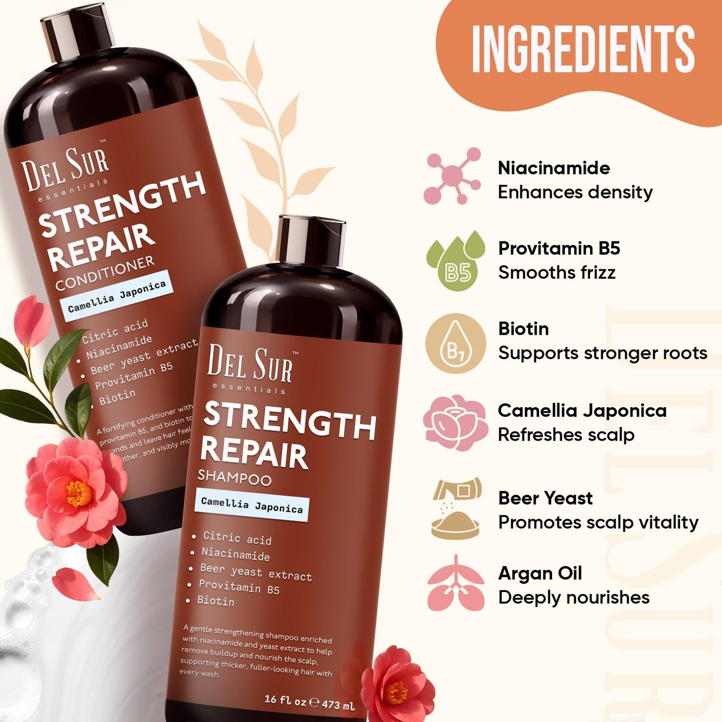 DEL SUR Hair Strengthening Shampoo and Conditioner Set | 16 fl oz Each | with Camellia Japonica, Niacinamide, Provitamin B5 & Biotin | Repair Beauty & Personal Care DEL SUR