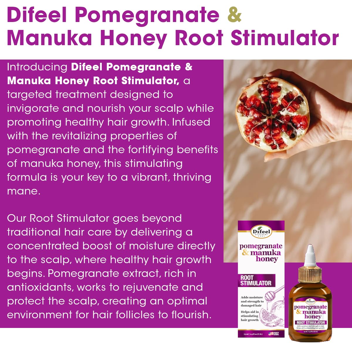 Difeel Pomegranate & Manuka Honey Root Stimulator 2.5 oz. - Deep Scalp & Hair Oil Treatment