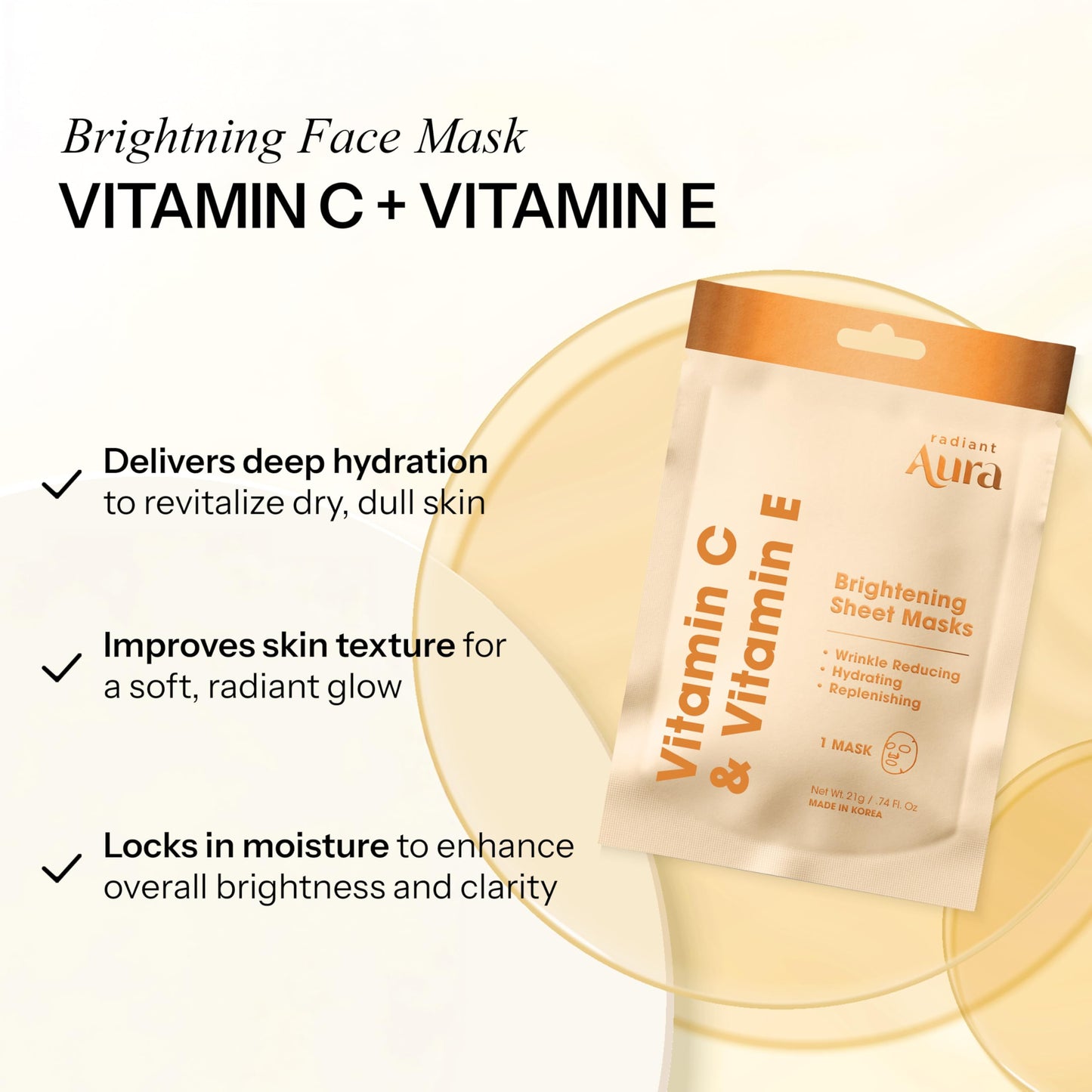 Radiant Aura Vitamin E & Vitamin C Sheet Mask - Dermatologist Tested, Anti Aging, Korean Skin Care - Deep Hydration, Softens Fine Lines, Fades The Beauty & Personal Care Radiant Aura