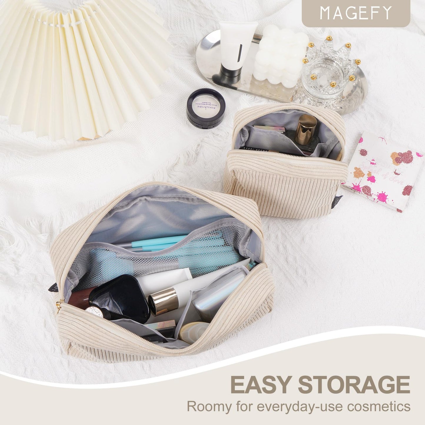 MAGEFY Small Makeup Bag for Purse Mini Cosmetics Bag Corduroy Cute Cosmetic Pouch for Women with Slip-in Pockets (Beige) Beauty and Personal Care MAGEFY