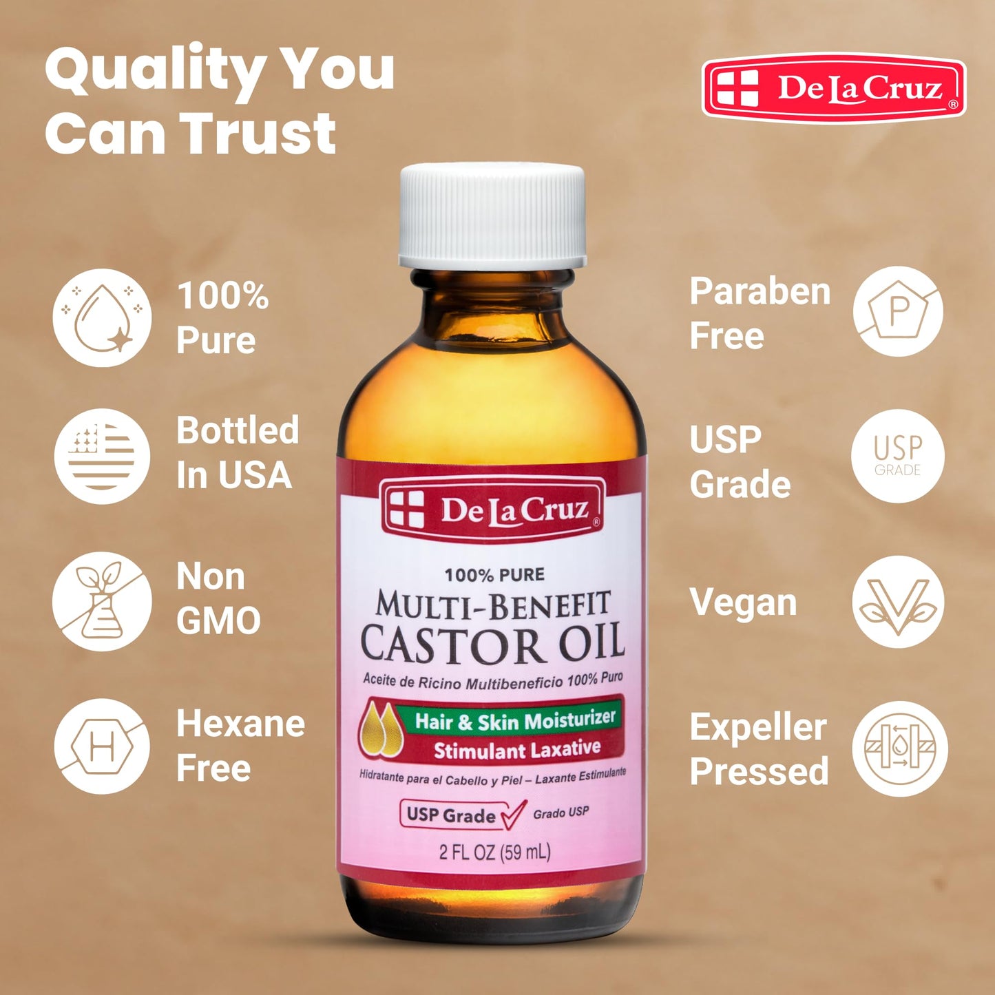 De La Cruz Castor Oil - 100% Pure Castor Oil for Hair, Skin, Eyelashes, and Eyebrows, Glass Bottle - USP Grade, 2 FL OZ Beauty & Personal Care De La Cruz