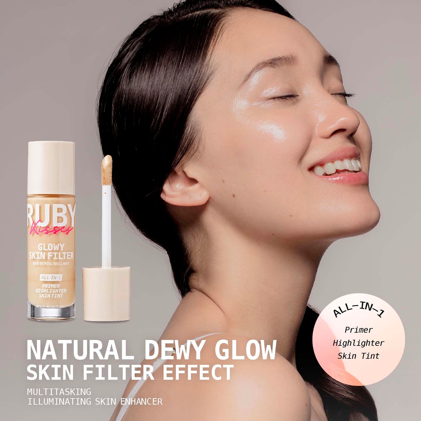 Ruby Kisses Glowy Skin Filter Foundation - All-in-1 Primer, Skin Tint & Highlighter, Hydrating Light Coverage with Squalane, Natural Dewy Finish Beauty & Personal Care Ruby Kisses