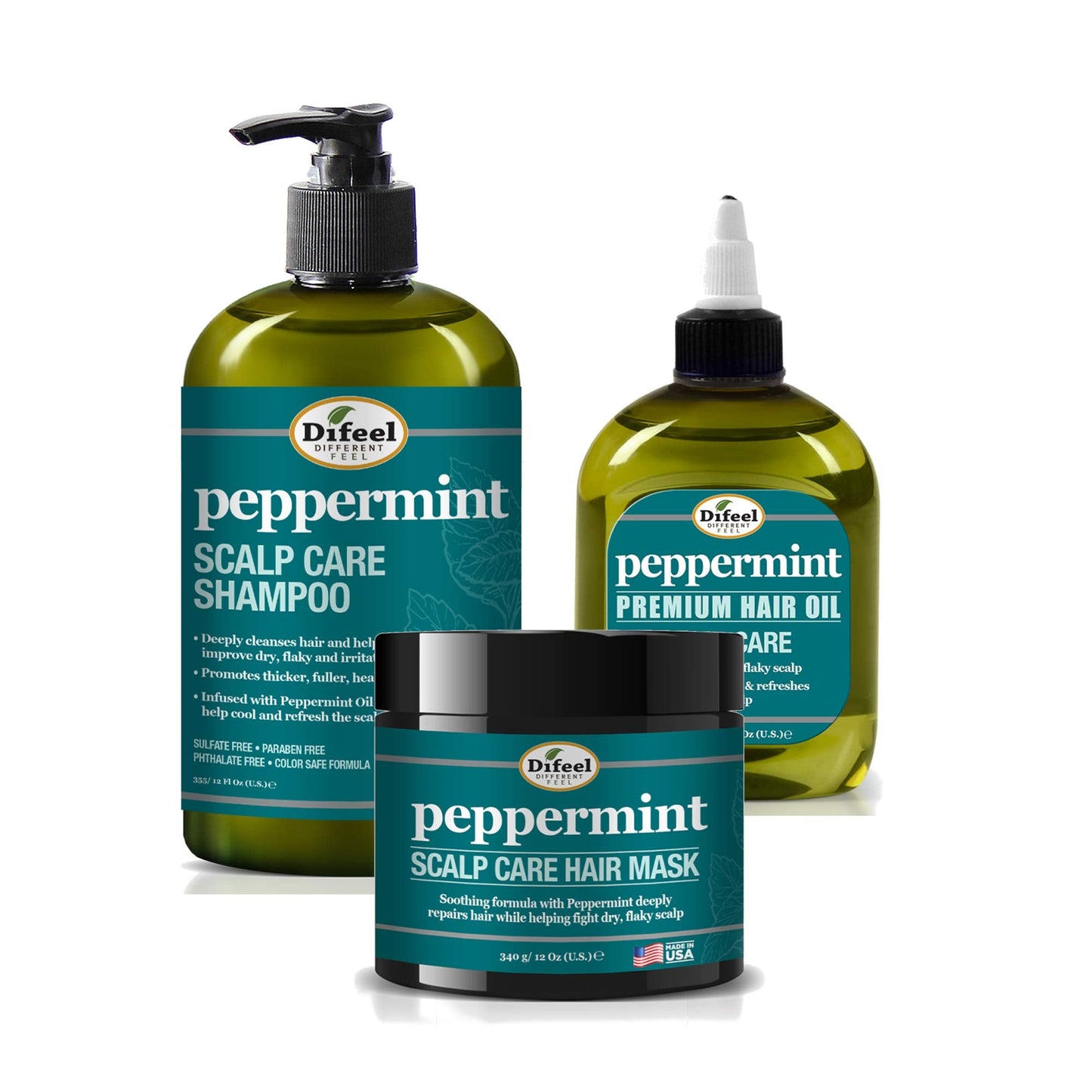 Difeel Peppermint Scalp Care 3-PC Hair Care Set - Includes Shampoo 12oz, Hair Mask 12oz, and Hair Oils 8oz Beauty & Personal Care Difeel