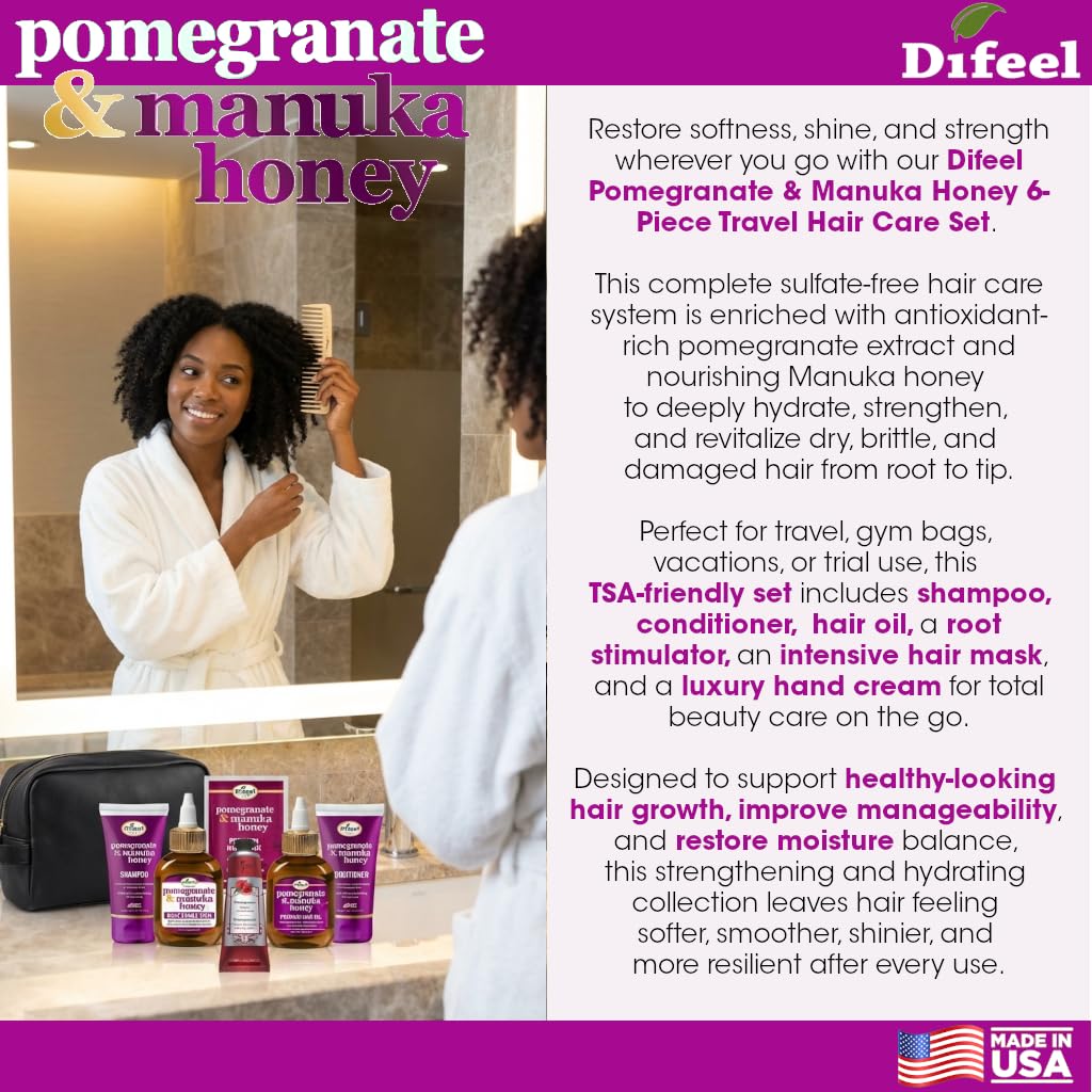 Difeel Pomegranate & Manuka Honey 6-Piece Travel Hair Care Set - Sulfate-Free Shampoo, Conditioner, Hair Oil, Root Stimulator & Deep Conditioning Mask Beauty & Personal Care Difeel